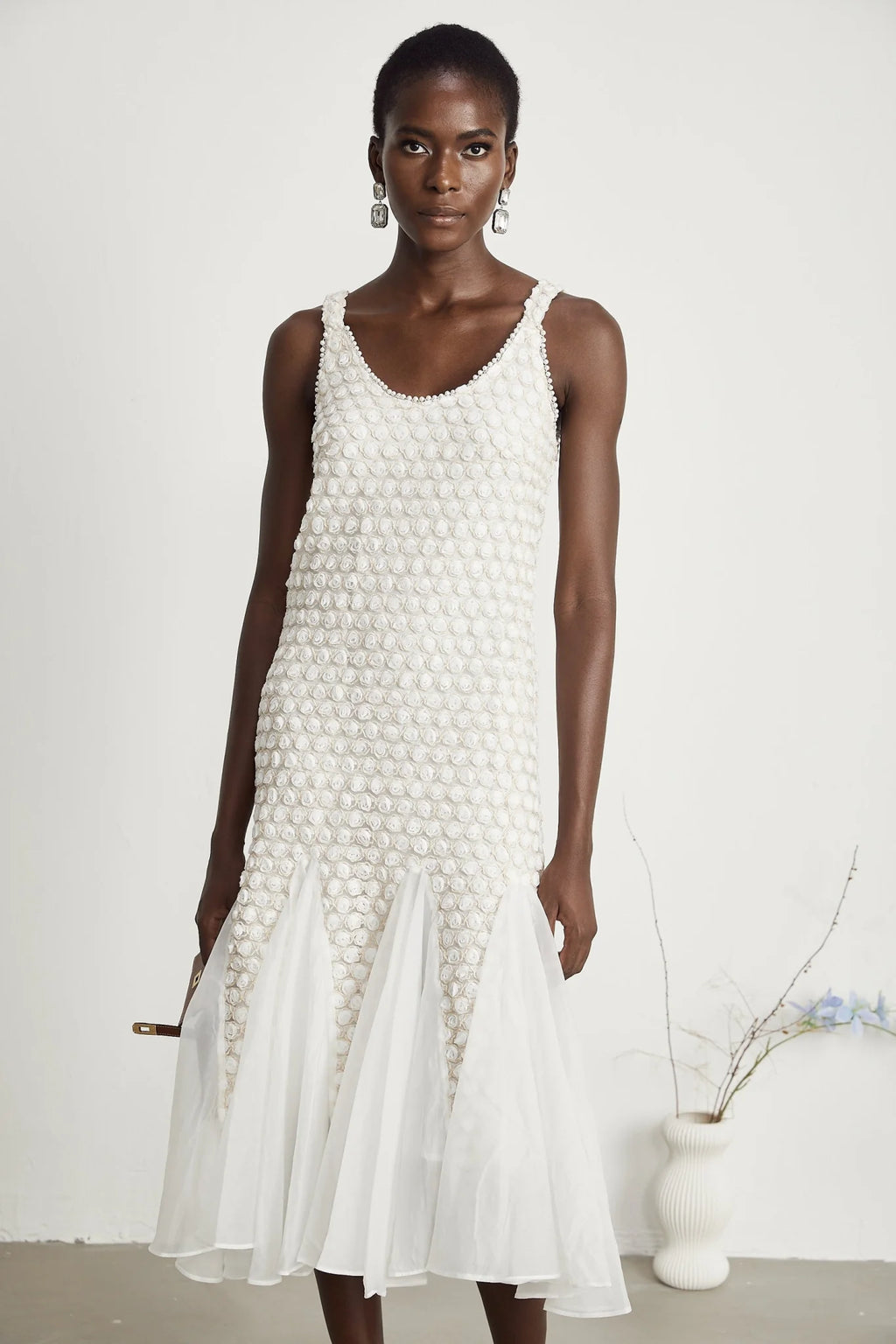 Vada Midi Dress White Faux Flower Tulle Irregular Hemline