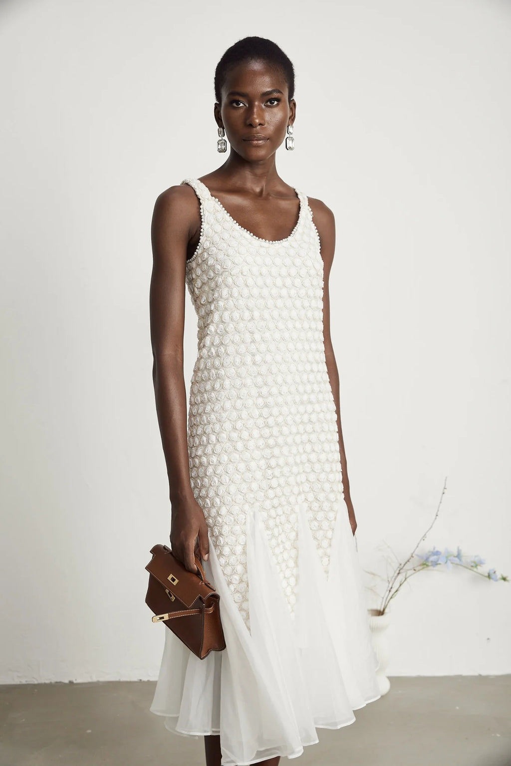 Vada Midi Dress White Faux Flower Tulle Irregular Hemline
