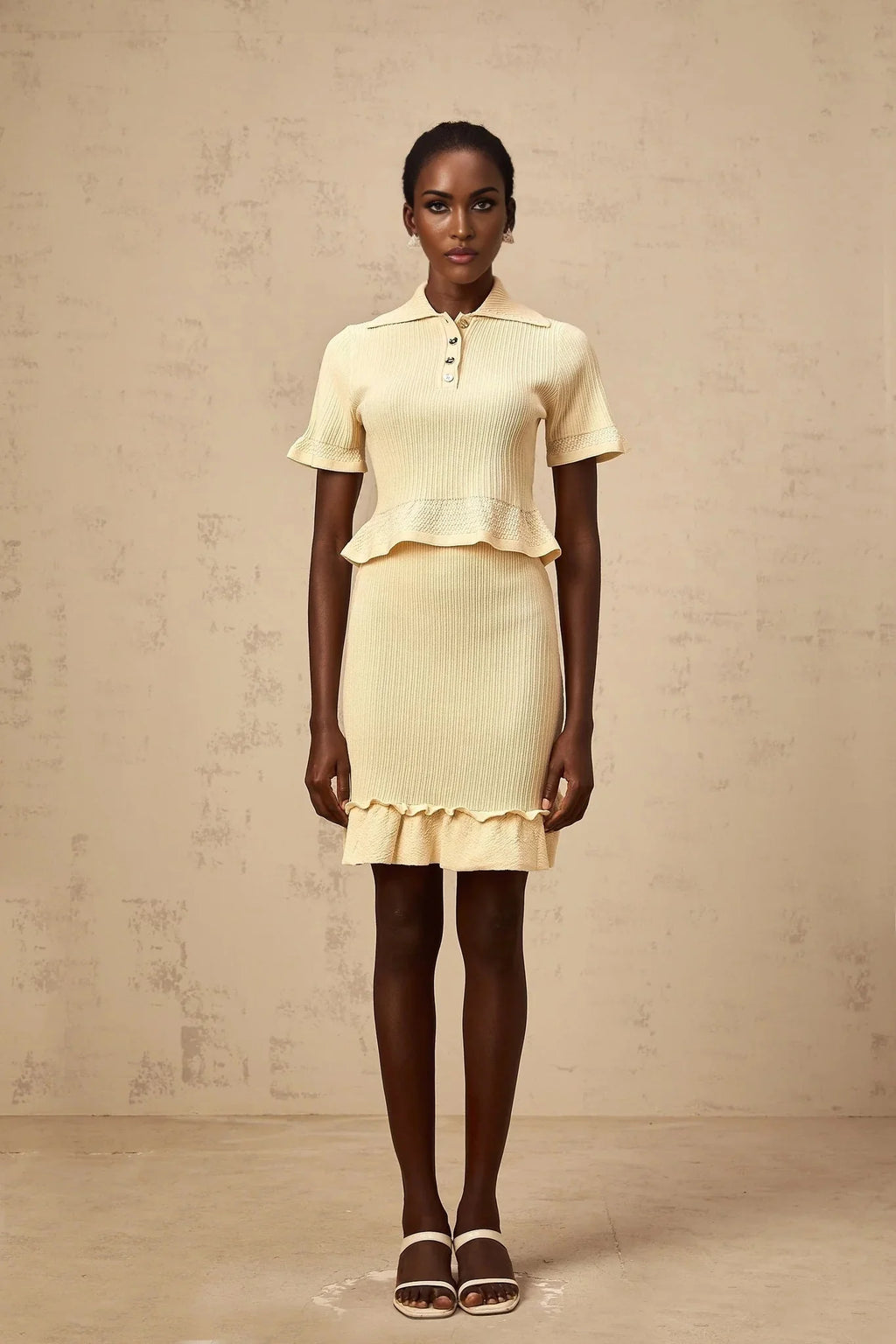 Vada Top & Skirt Set Yellow Ribbed Ruffle Hem Coord