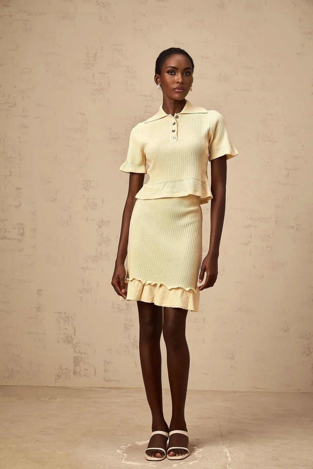 Vada Top & Skirt Set Yellow Ribbed Ruffle Hem Coord