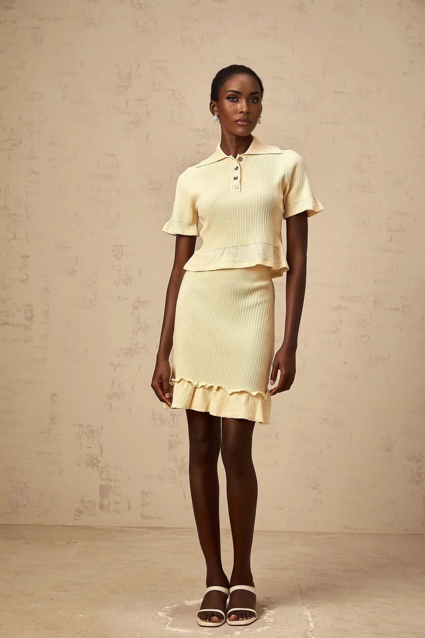 Vada Top & Skirt Set Yellow Ribbed Ruffle Hem Coord