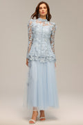 Valentina Blue Lace Two-Piece Dress Floral Accents High Neckline