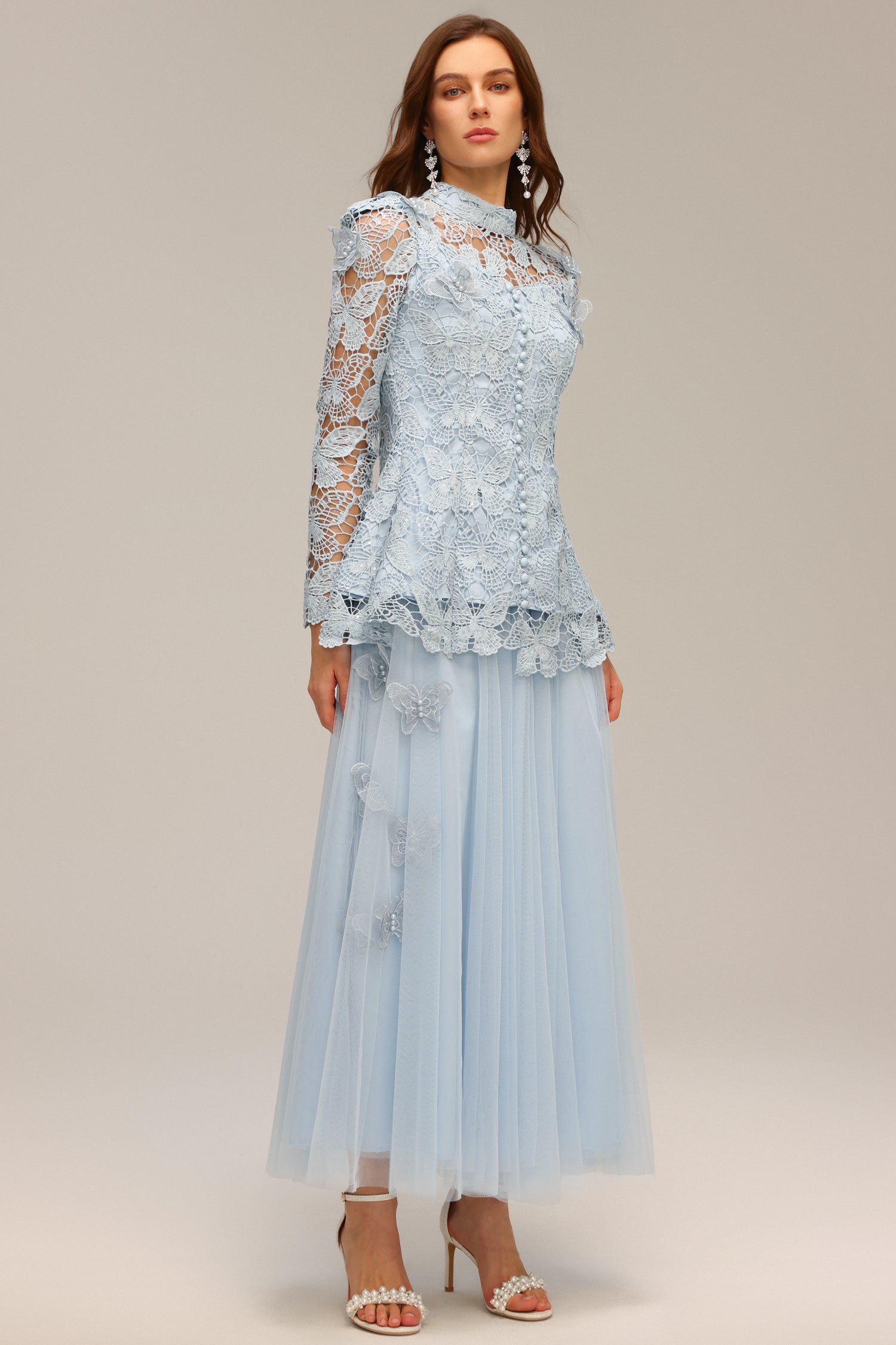 Valentina Blue Lace Two Piece Dress Floral Accents High Neckline