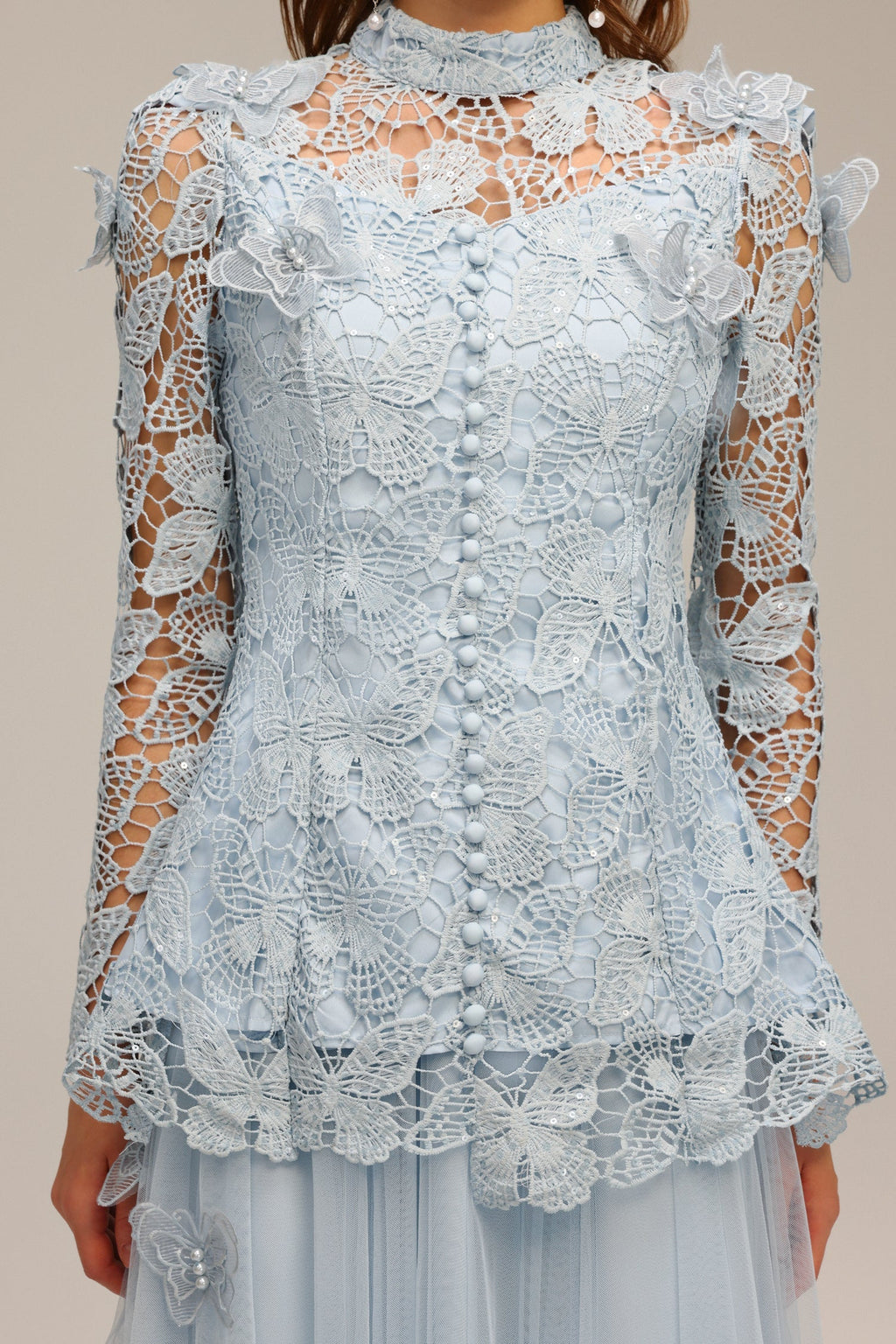 Valentina Blue Lace Two Piece Dress Floral Accents High Neckline