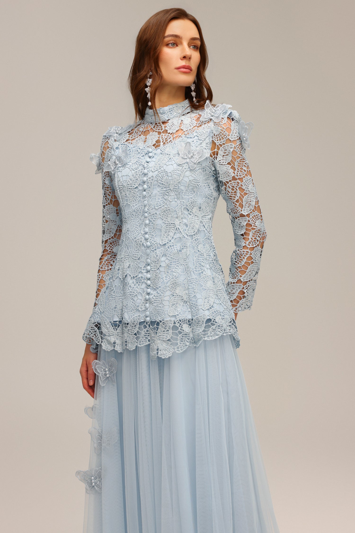 Valentina Blue Lace Two Piece Dress Floral Accents Romantic Silhouette Special Occasions High Neckline Statement Piece