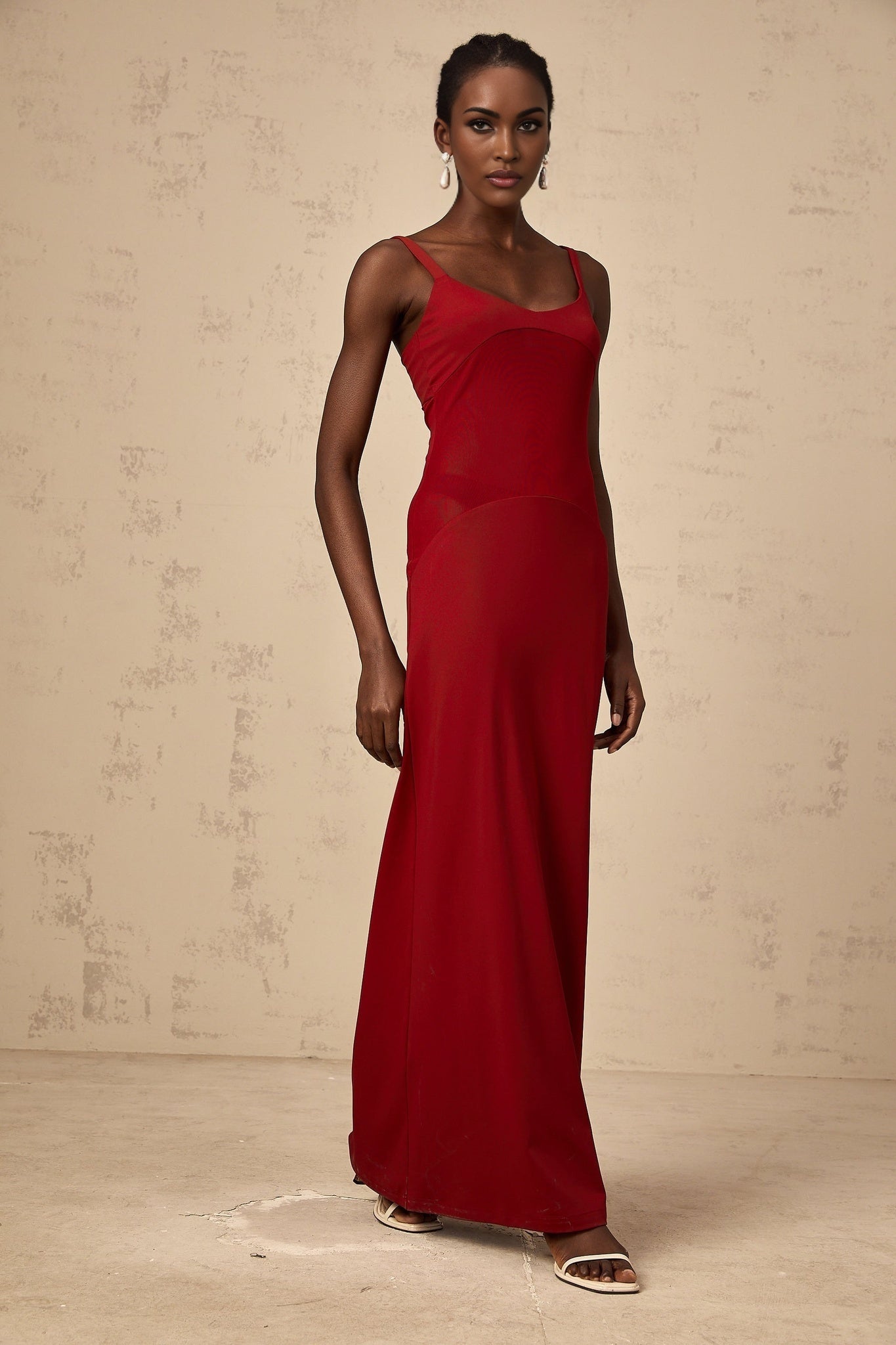 Valentina Maxi Dress in Ancora Red with Semi - Sheer Tulle Paneling & Bodycon Fit