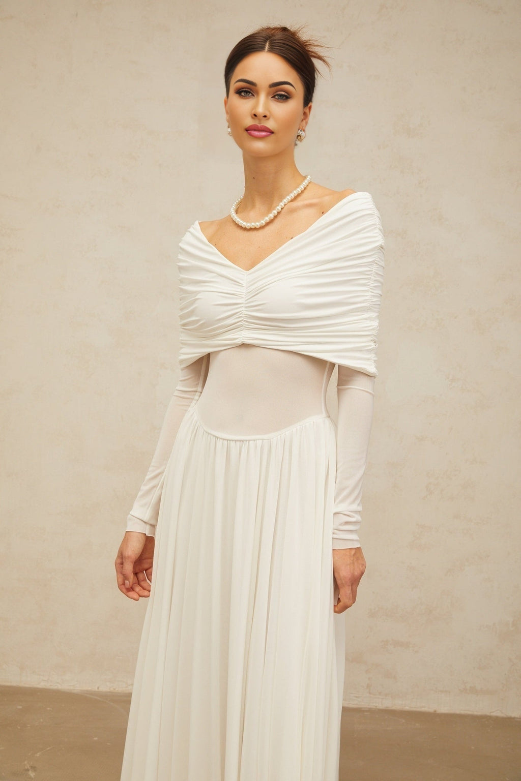 Valentina Maxi Dress in White with V - Neck - Long Sleeves - Ruched & Draped Detailing