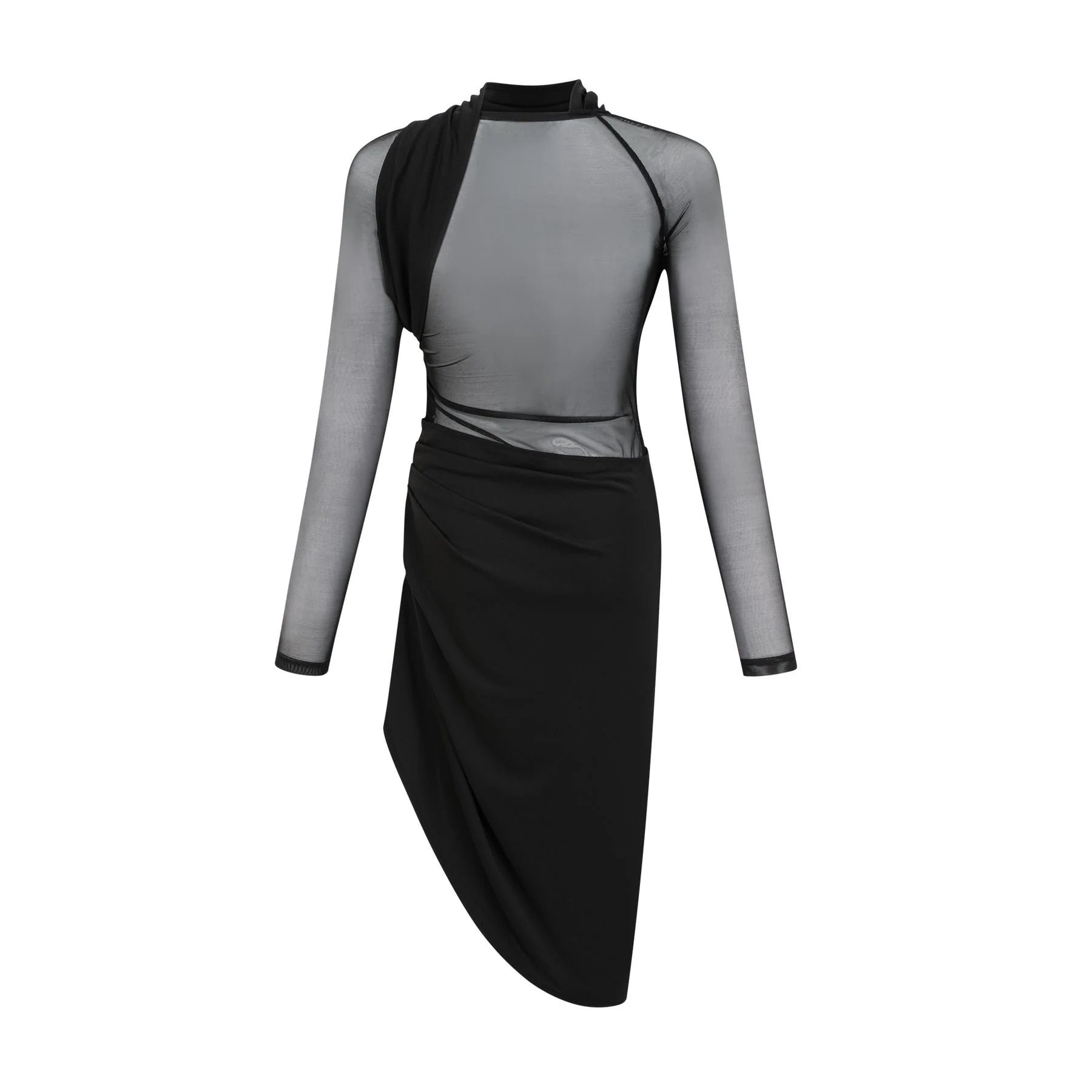 Valentina Midi Dress Black Sheer Mesh Ruched Asymmetric Hem Zip Detail
