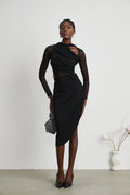 Valentina Midi Dress Black Sheer Mesh Ruched Asymmetric Hem Zip Detail