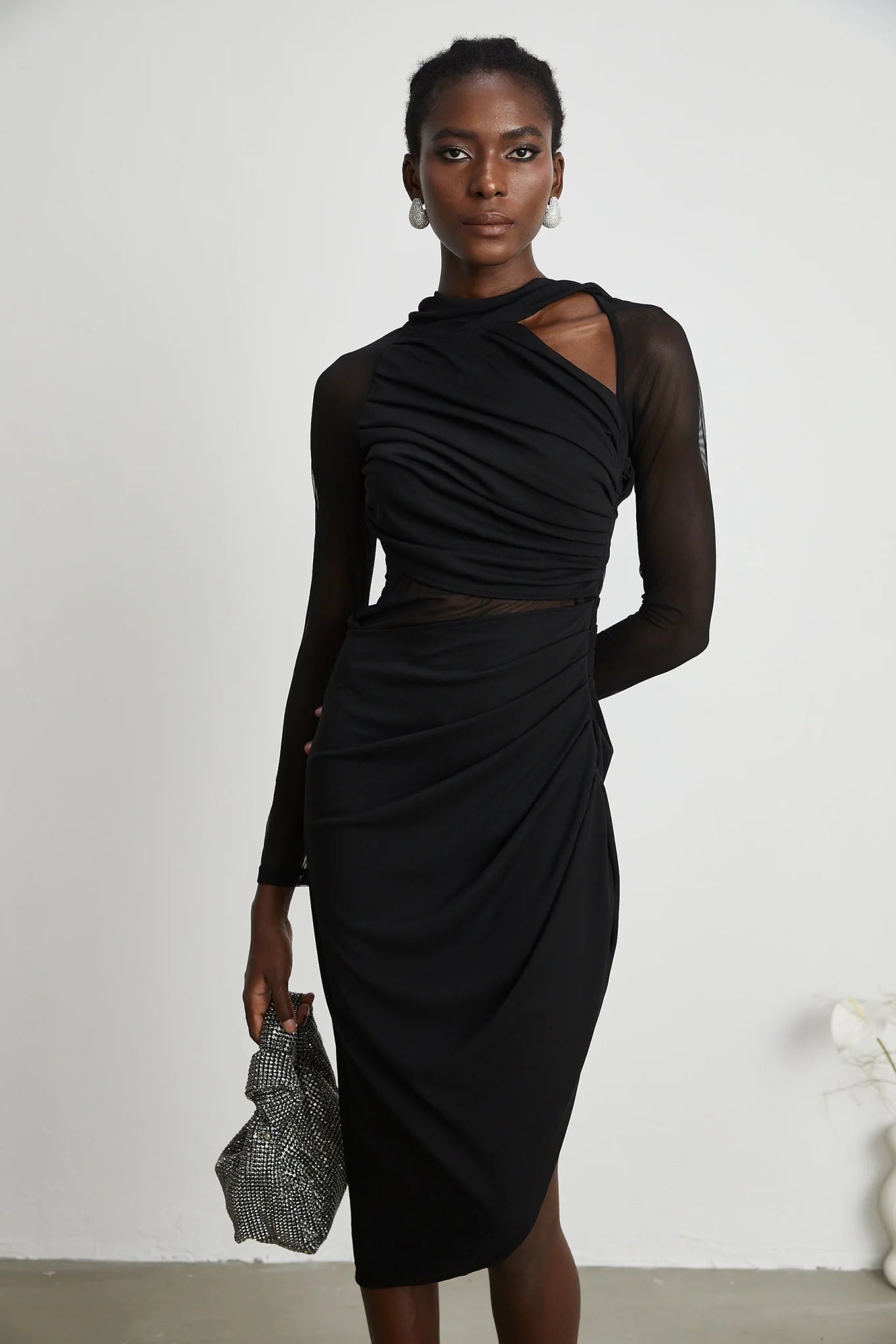 Valentina Midi Dress Black Sheer Mesh Ruched Asymmetric Hem Zip Detail