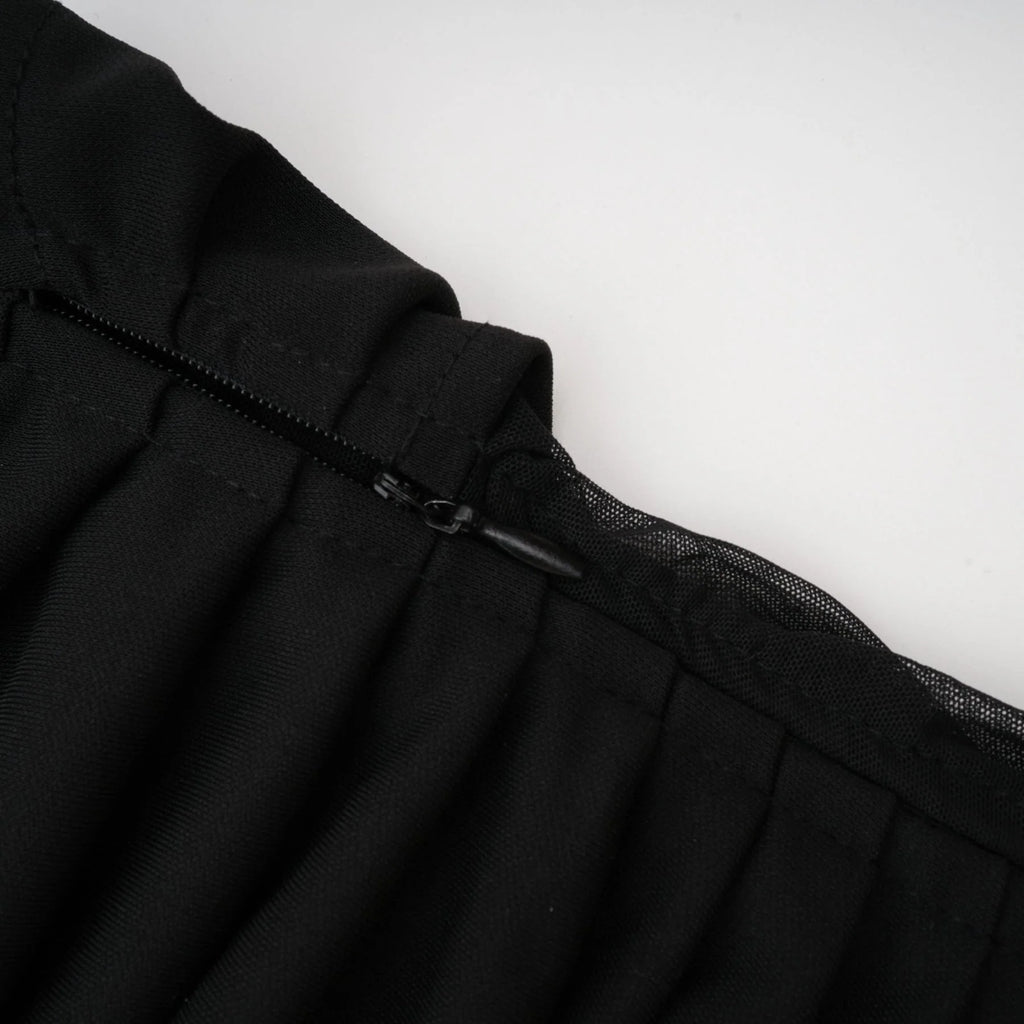 Valentina Midi Dress Black Sheer Mesh Ruched Asymmetric Hem Zip Detail