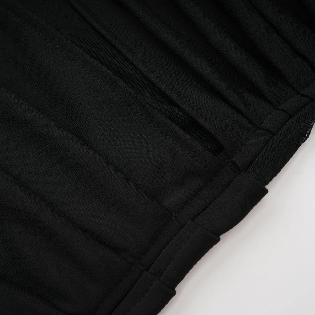 Valentina Midi Dress Black Sheer Mesh Ruched Asymmetric Hem Zip Detail