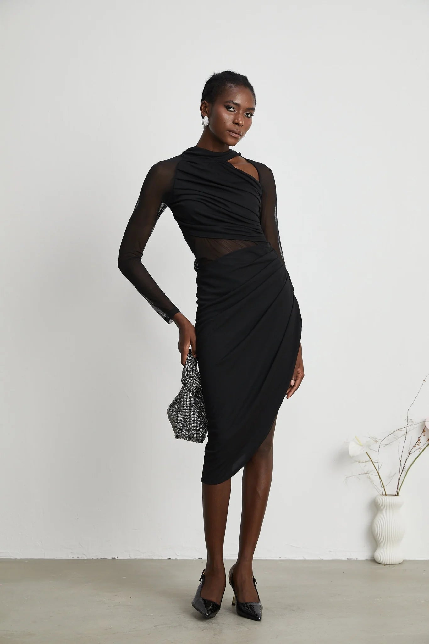 Valentina Midi Dress Black Sheer Mesh Ruched Asymmetric Hem Zip Detail