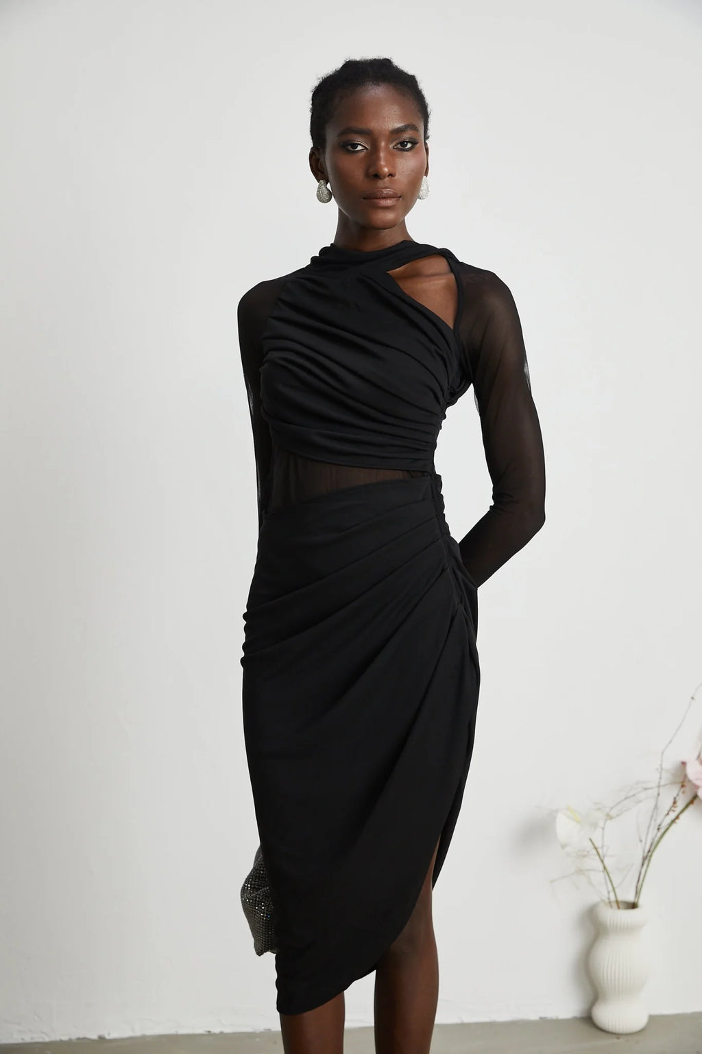 Valentina Midi Dress Black Sheer Mesh Ruched Asymmetric Hem Zip Detail
