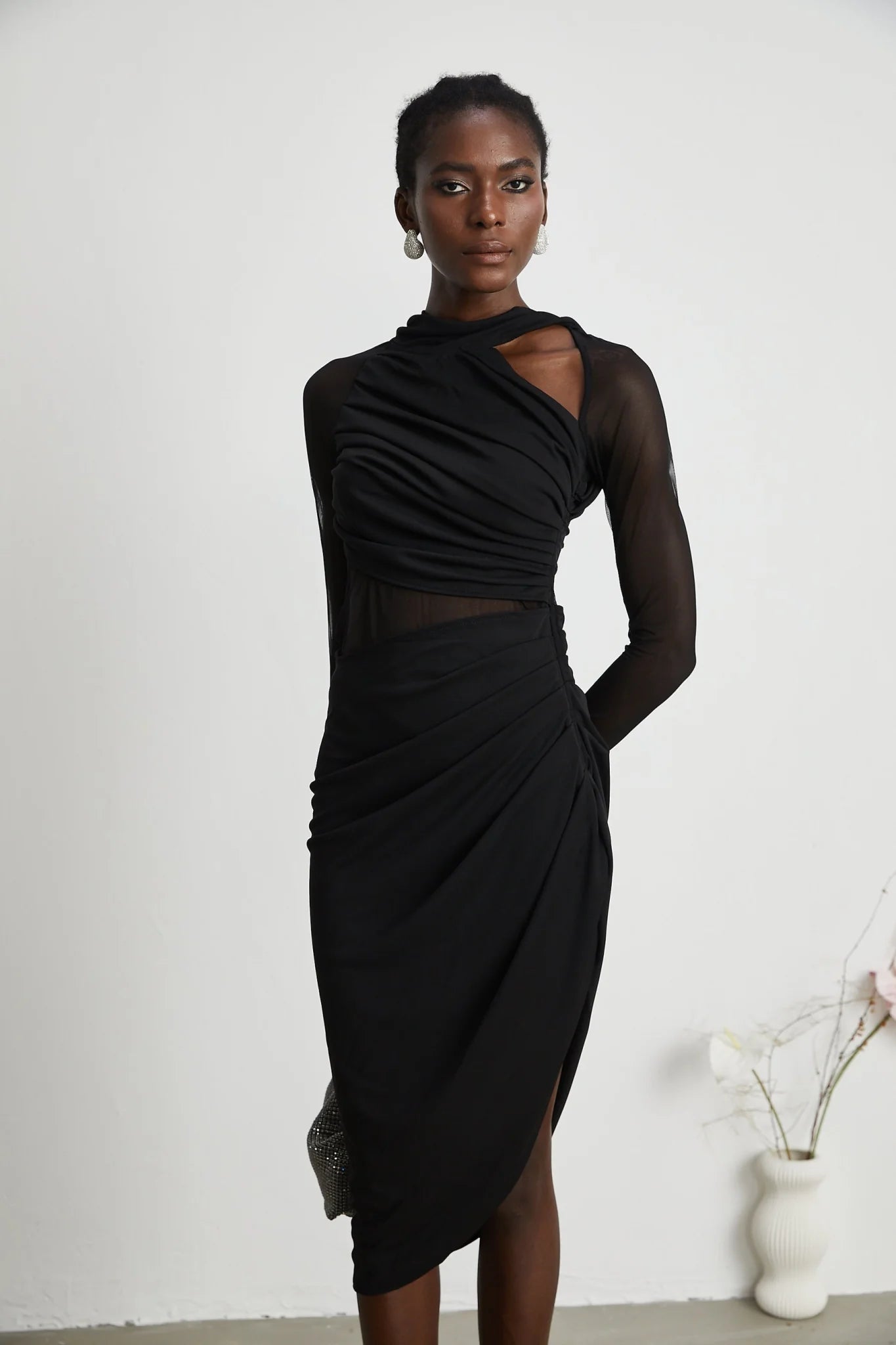 Valentina Midi Dress Black Sheer Mesh Ruched Asymmetric Hem Zip Detail