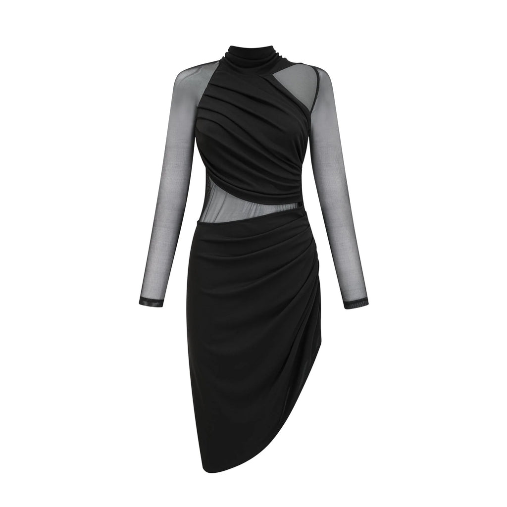 Valentina Midi Dress Black Sheer Mesh Ruched Asymmetric Hem Zip Detail