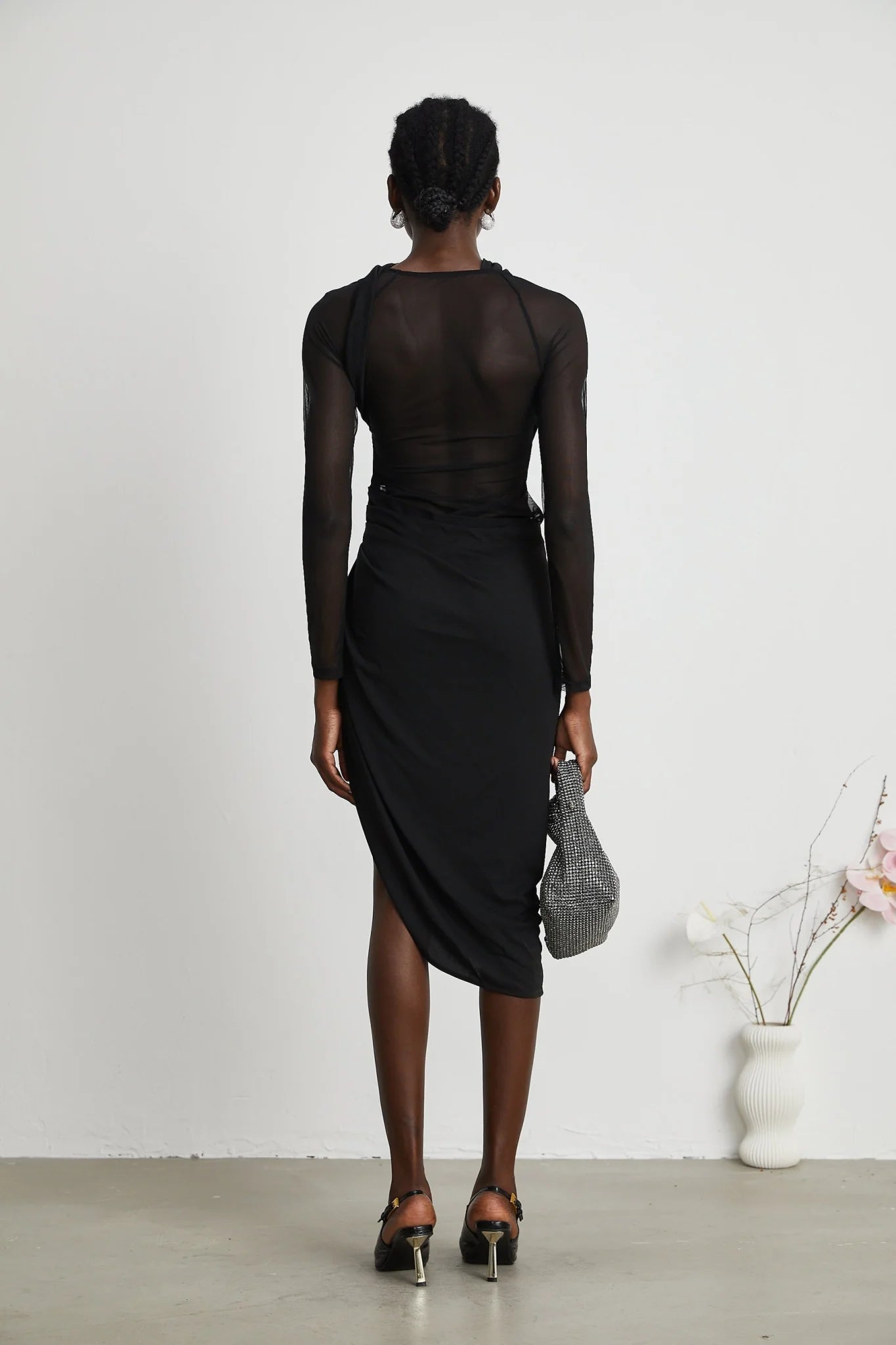 Valentina Midi Dress Black Sheer Mesh Ruched Asymmetric Hem Zip Detail