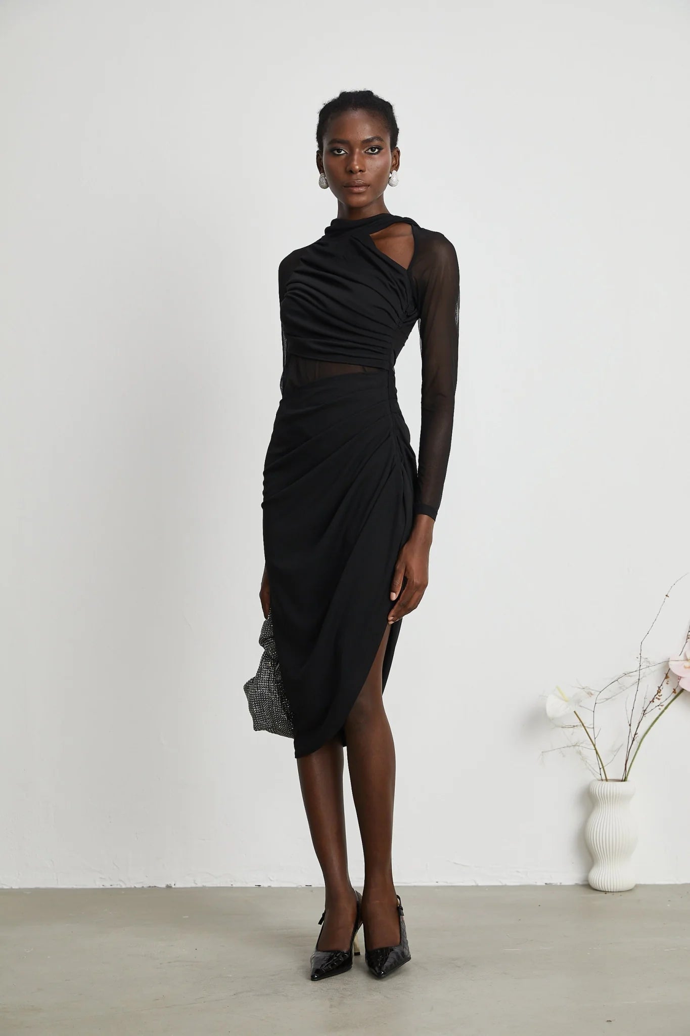 Valentina Midi Dress Black Sheer Mesh Ruched Asymmetric Hem Zip Detail