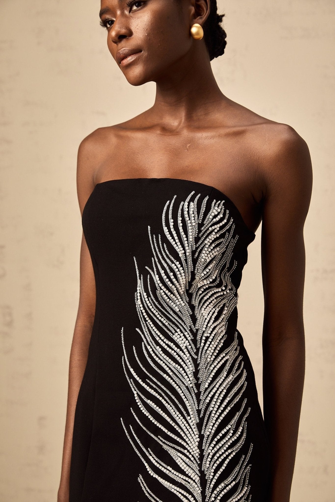 Valentina Mini Dress Black White Feather Sequin Pearl & Aline