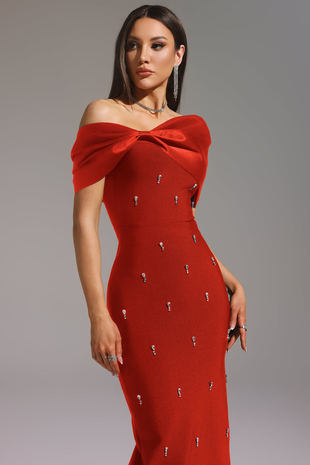 Valentina Red Diamond Detail One-Shoulder Dress