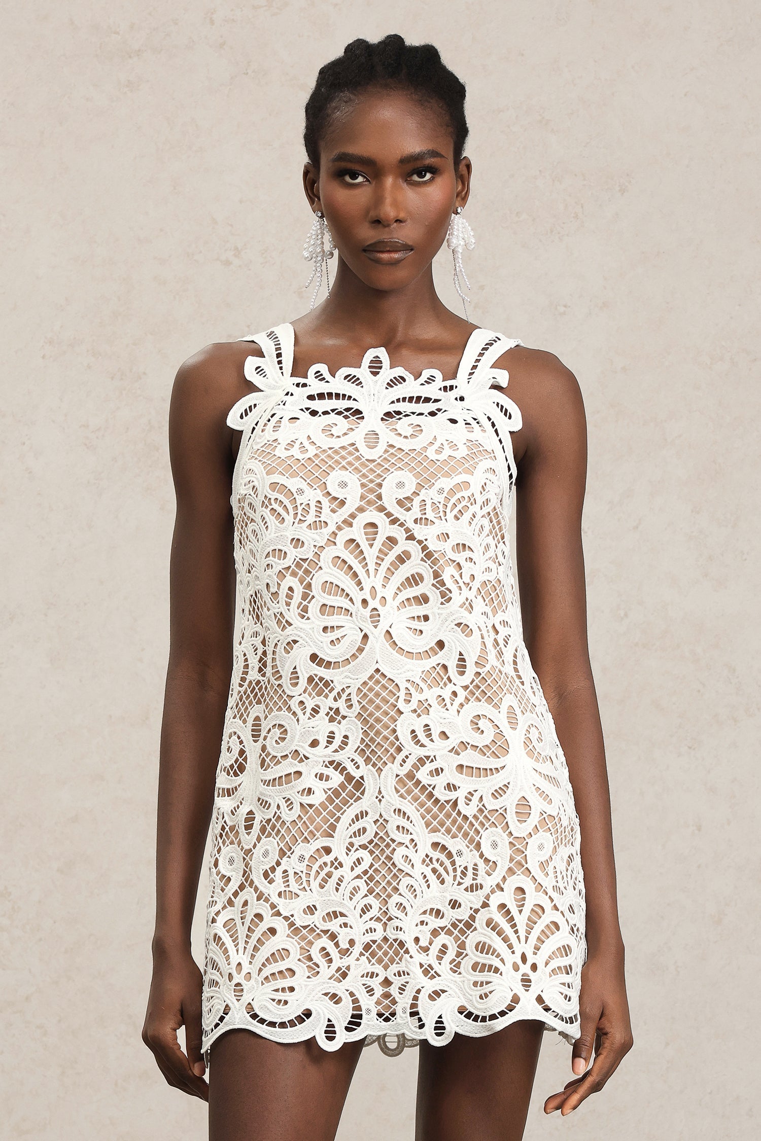 Valentina White Lace Halter Mini Dress