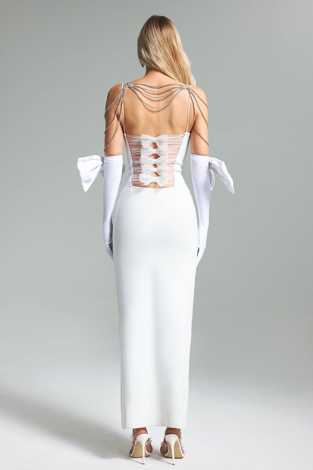 Valentina White Velvet Off-Shoulder Diamante Chain Dress with Side Slit