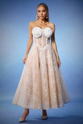 Valeria Beige Lace Strapless Maxi Dress with Floral Embellishments
