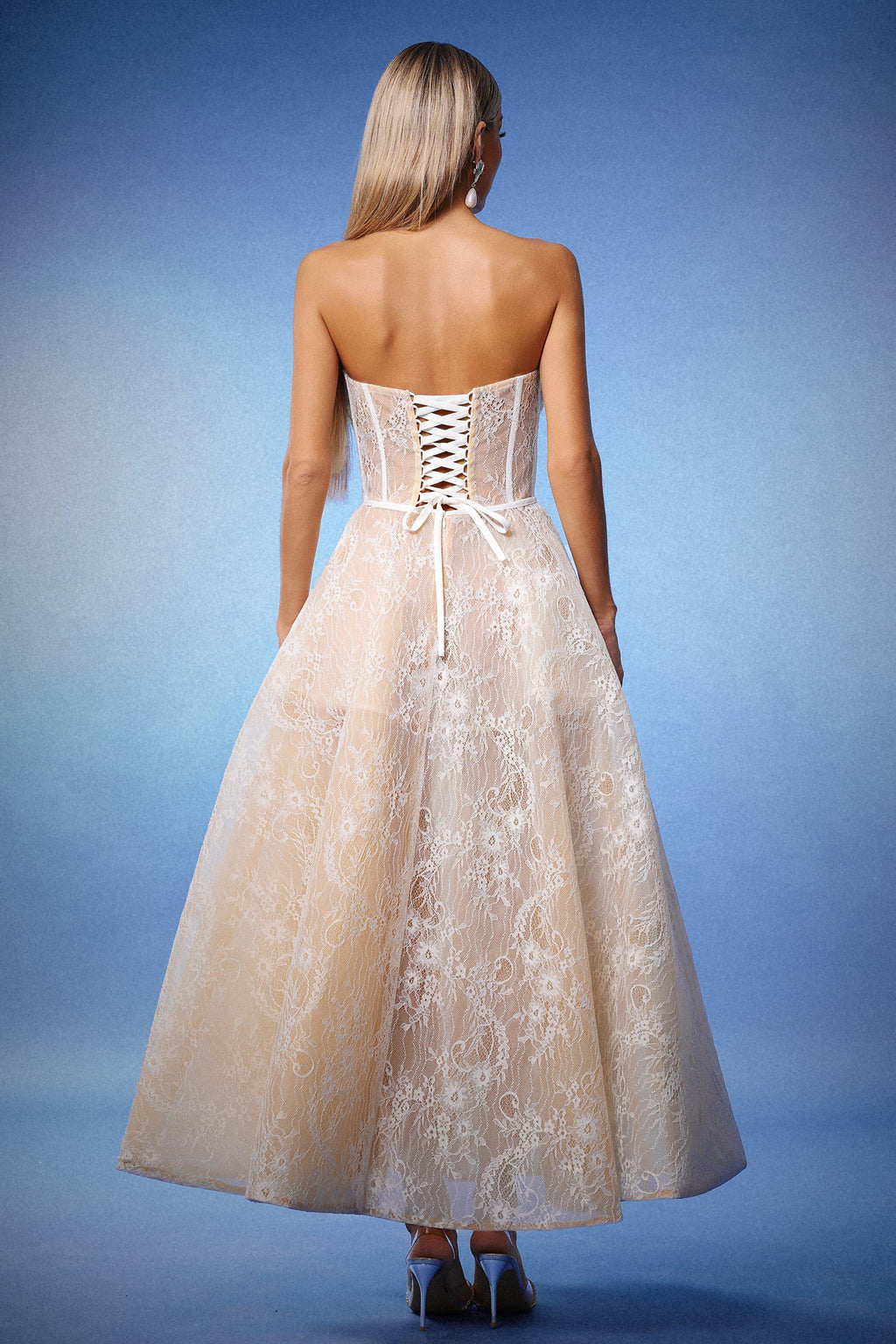 Valeria Beige Lace Strapless Maxi Dress with Floral Embellishments and Structured Bodice