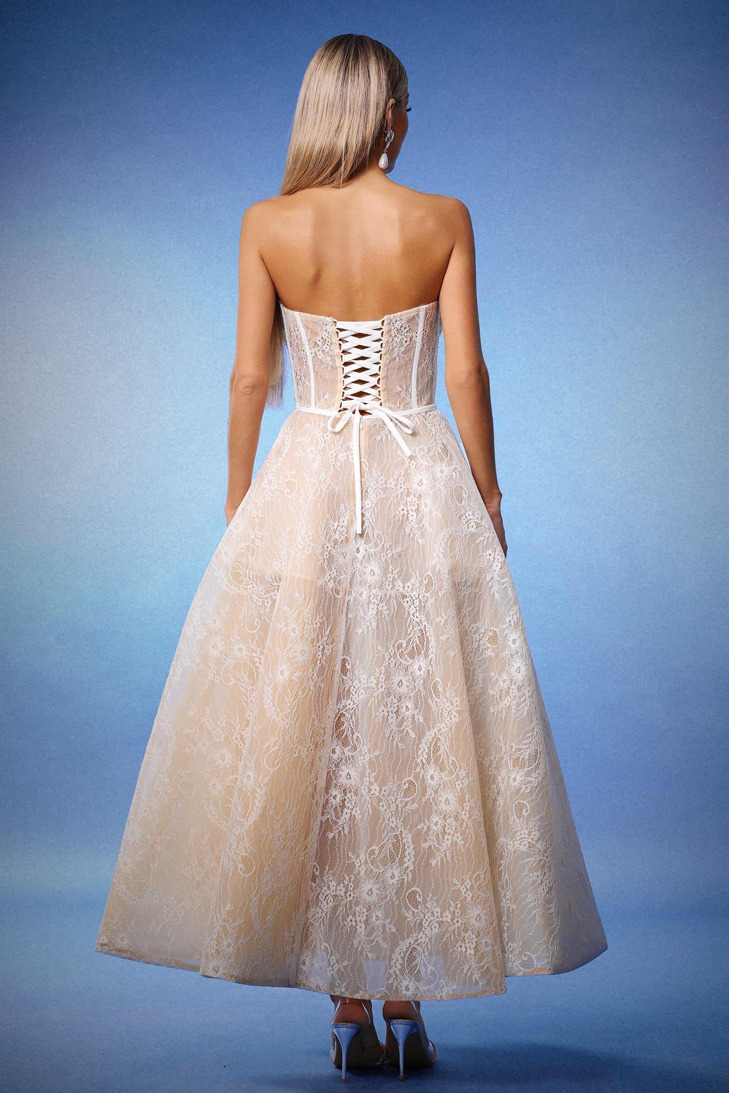Valeria Beige Lace Strapless Maxi Dress with Floral Embellishments and Structured Bodice
