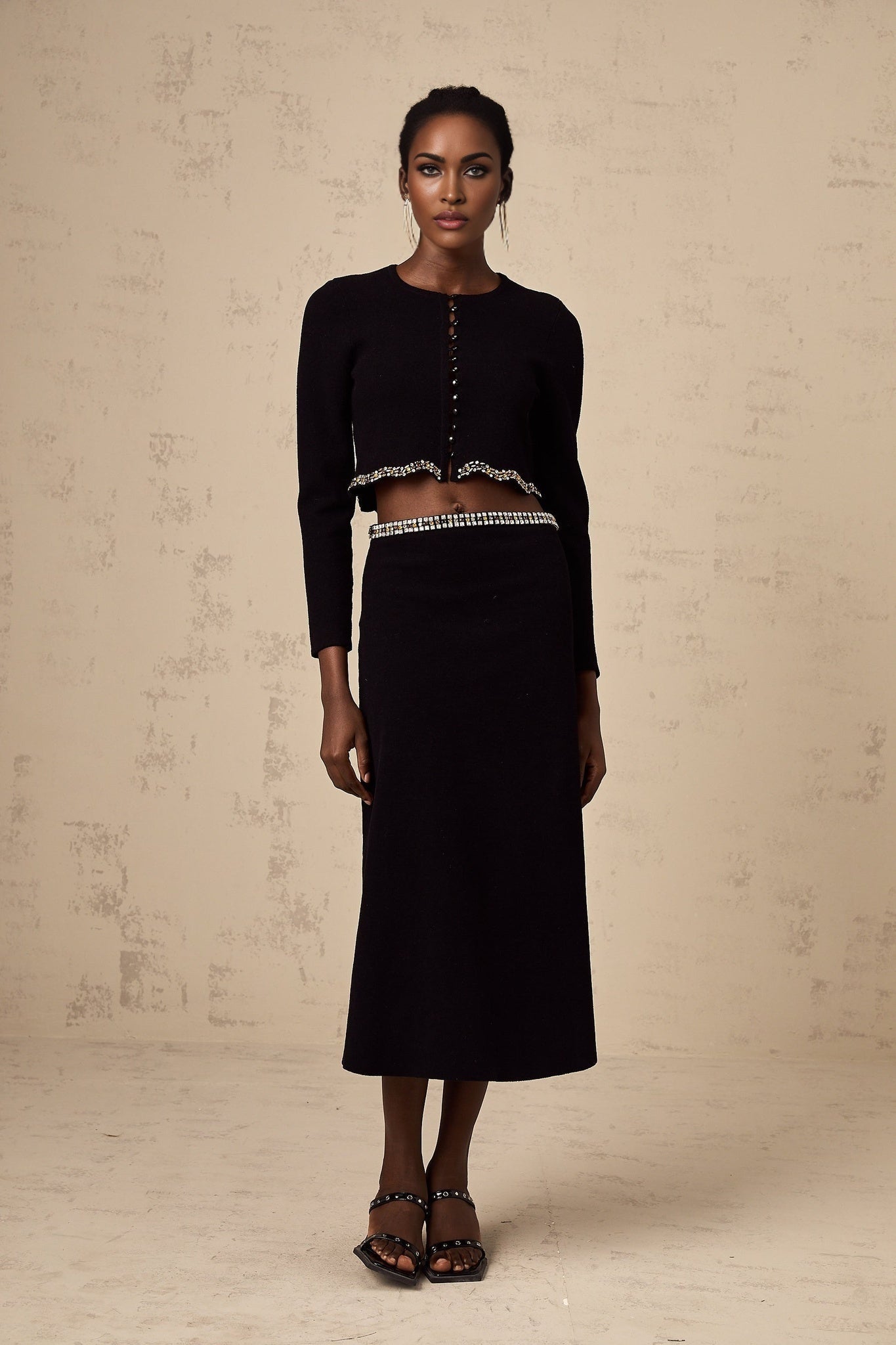 Valeria Cardigan & Skirt Black Crystal Embellished Matching Set