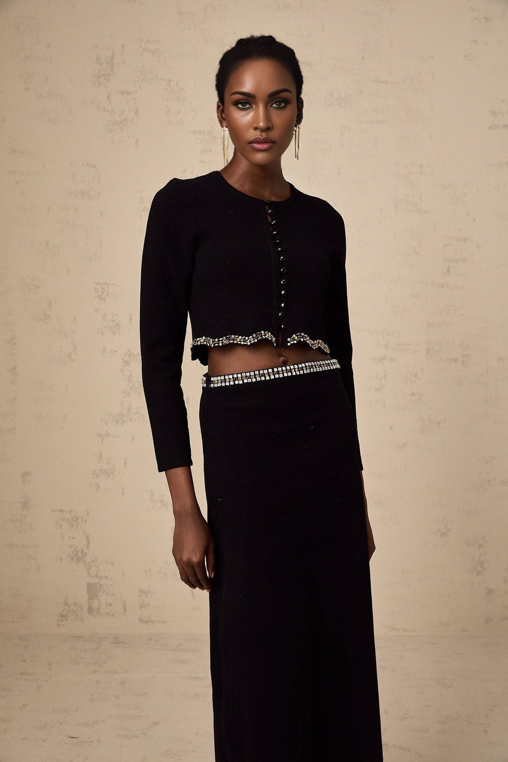 Valeria Cardigan & Skirt Black Crystal Embellished Matching Set
