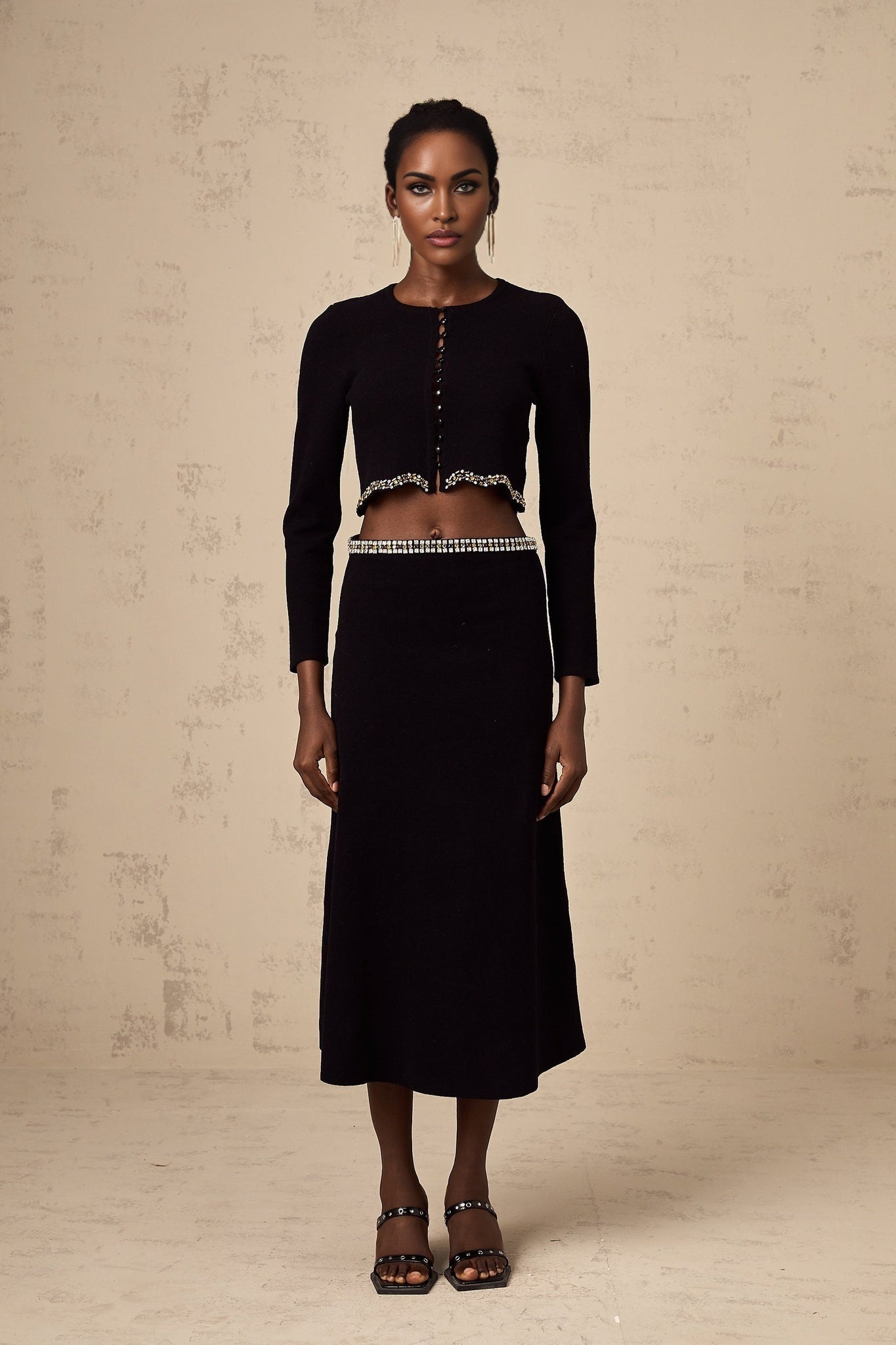 Valeria Cardigan & Skirt Black Crystal Embellished Matching Set