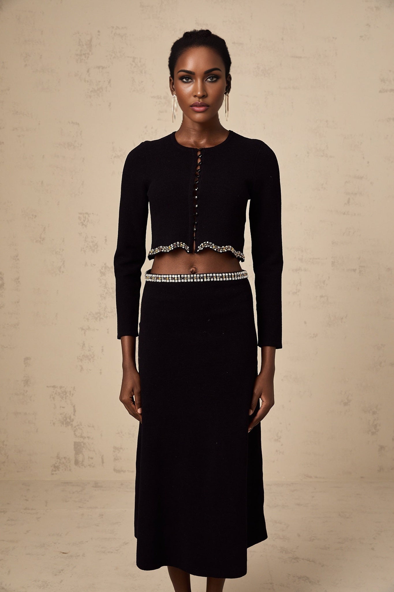 Valeria Cardigan & Skirt Black Crystal Embellished Matching Set