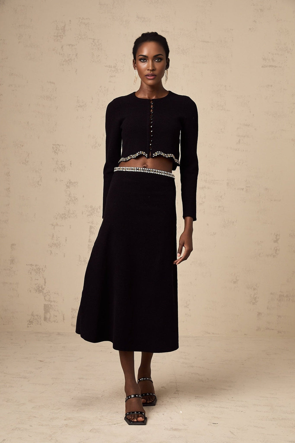 Valeria Cardigan & Skirt Black Crystal Embellished Matching Set