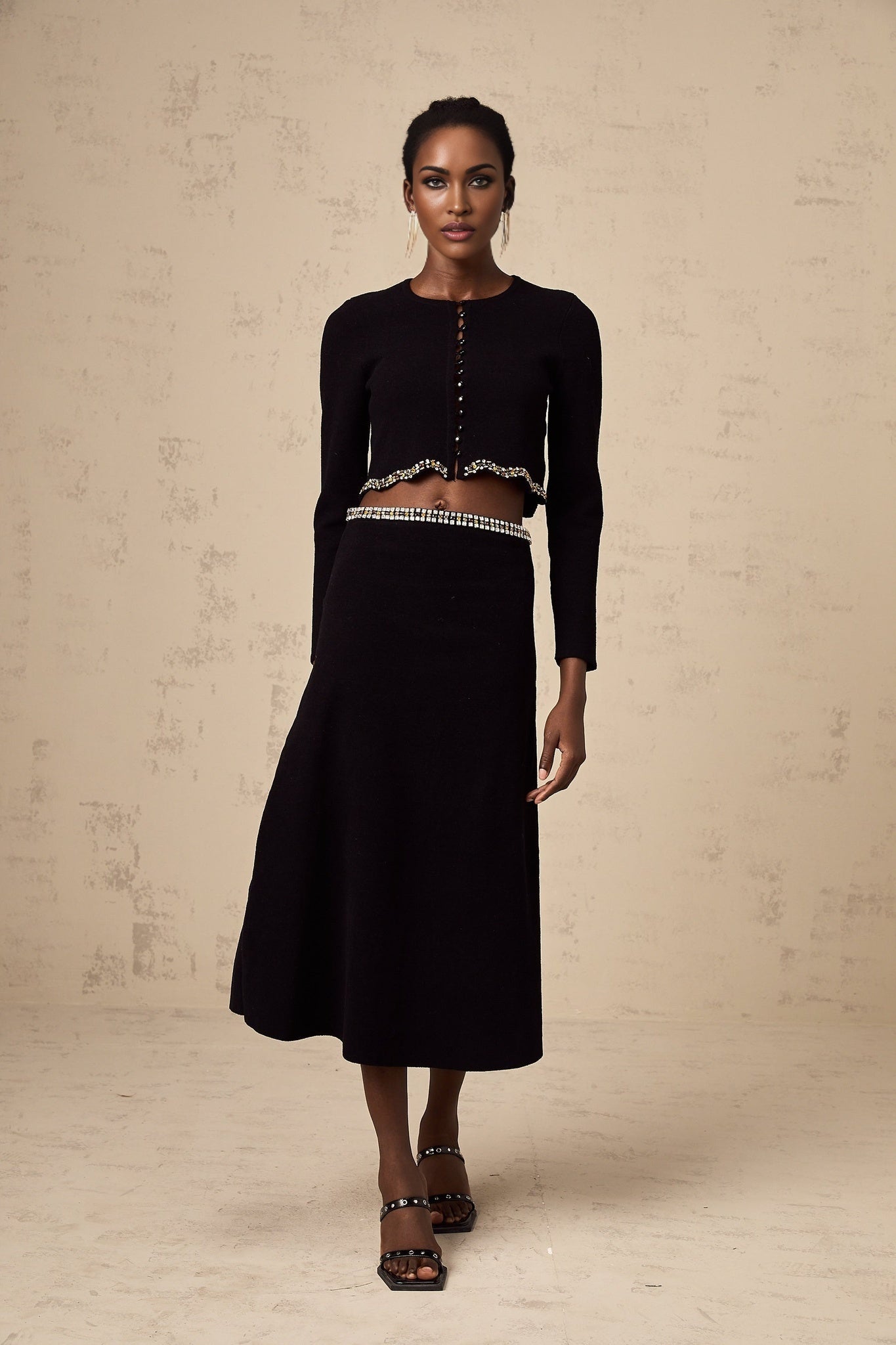 Valeria Cardigan & Skirt Black Crystal Embellished Matching Set