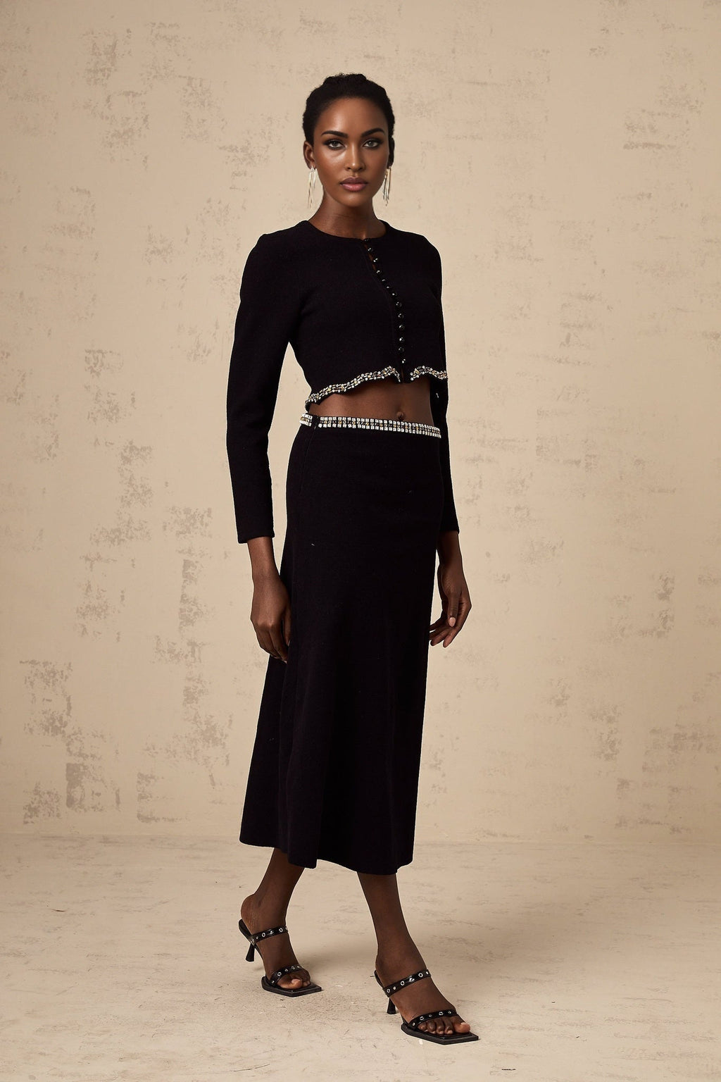 Valeria Cardigan & Skirt Black Crystal Embellished Matching Set