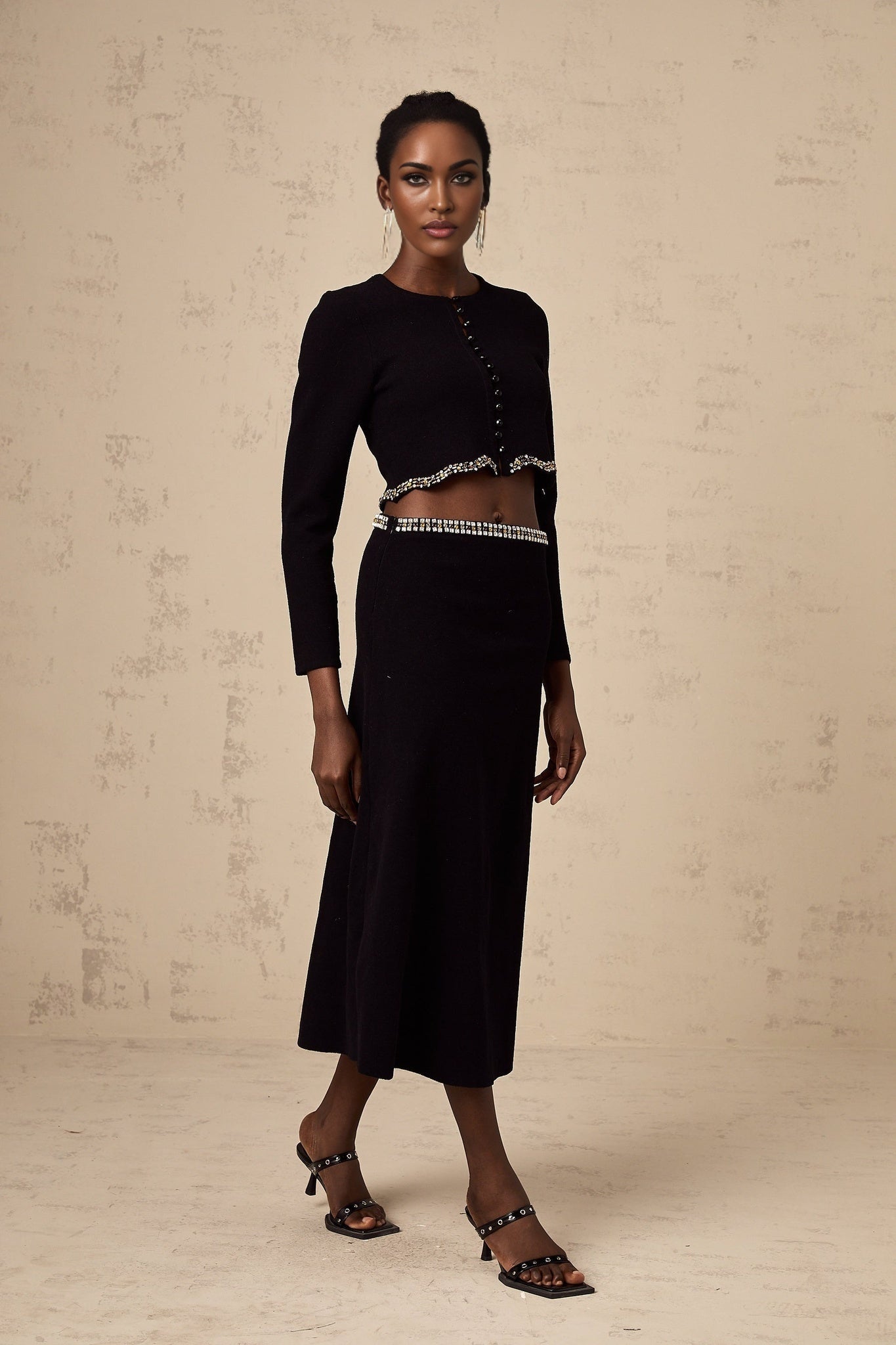 Valeria Cardigan & Skirt Black Crystal Embellished Matching Set