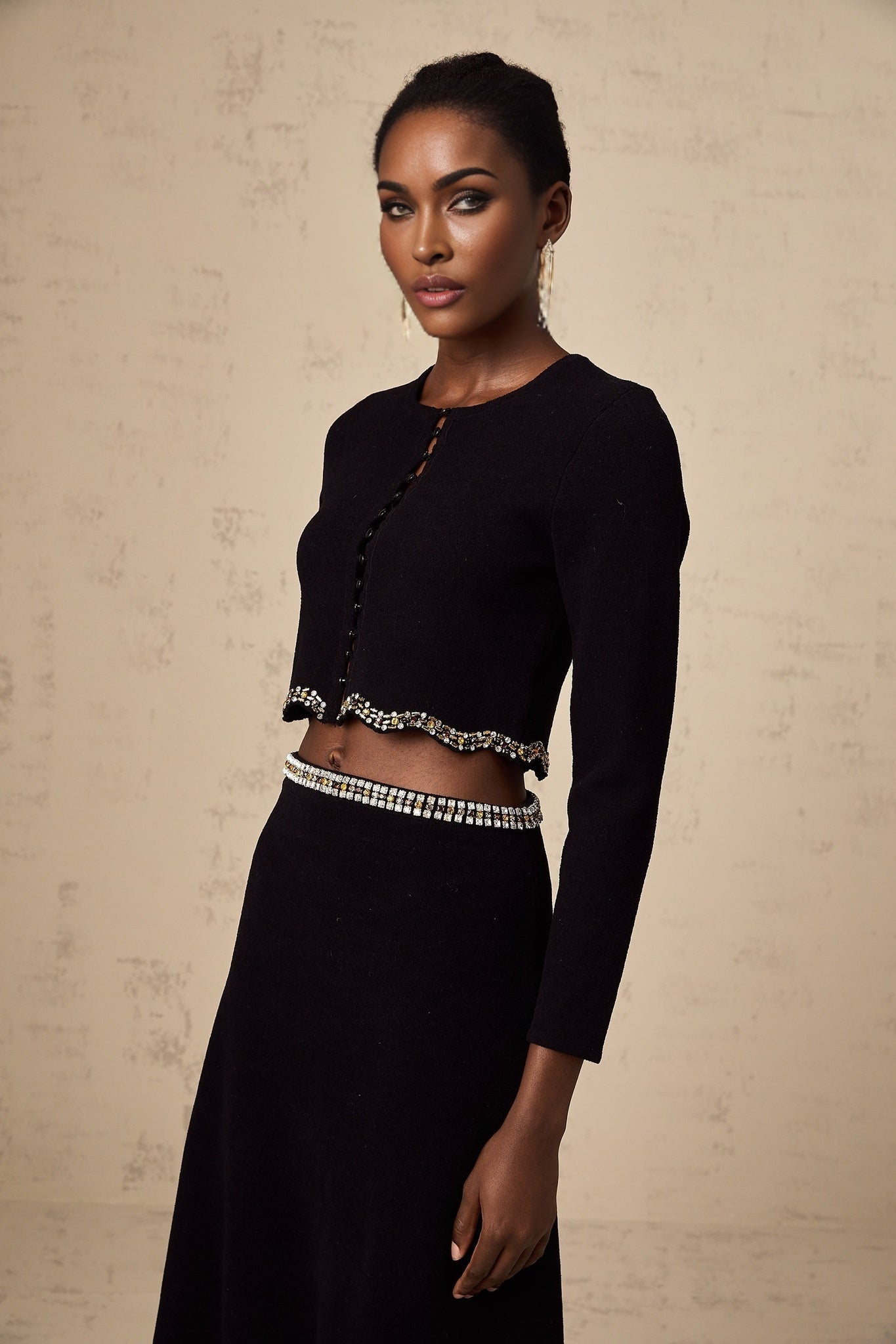 Valeria Cardigan & Skirt Black Crystal Embellished Matching Set