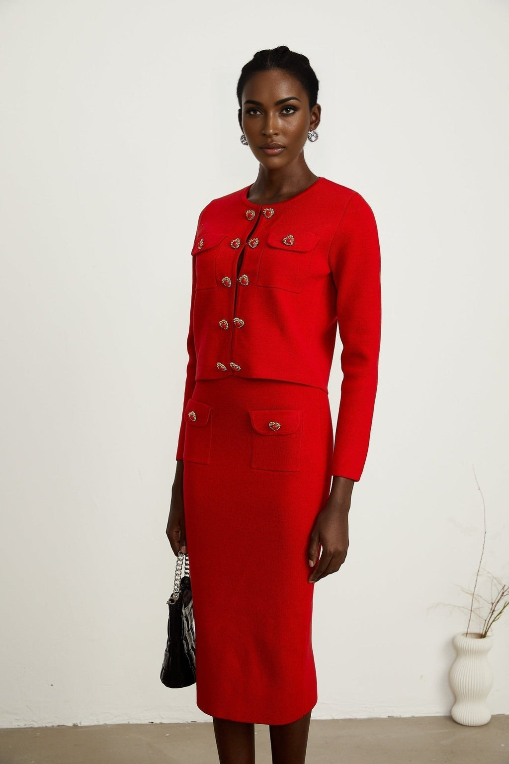 Valeria Cardigan & Skirt Red Knitted Matching Set
