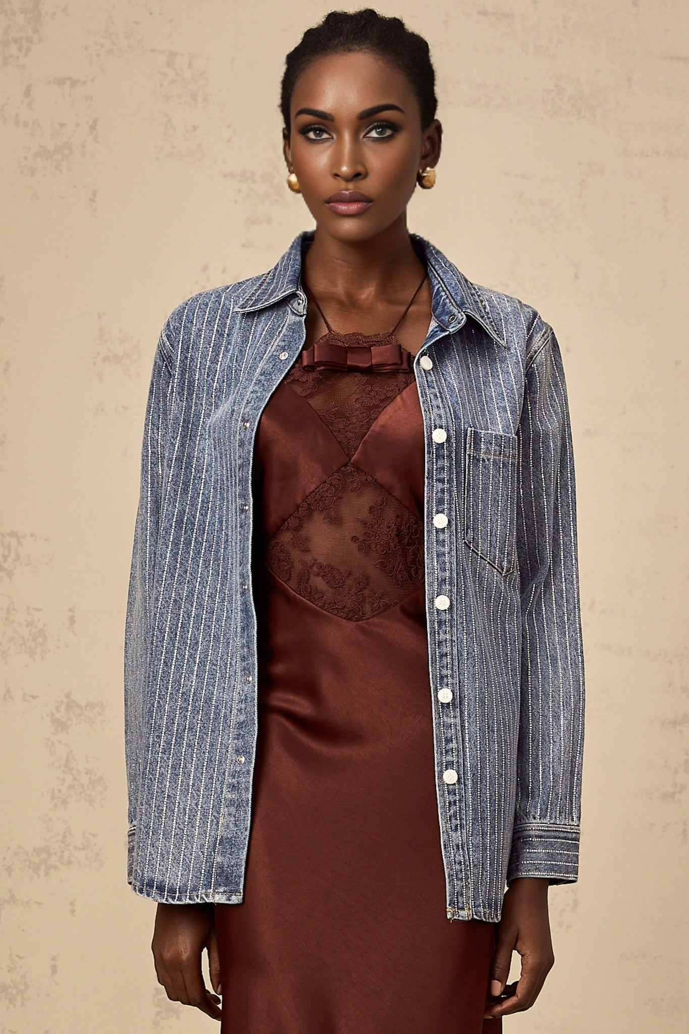 Valeria Denim Shirt Blue Rhinestone Striped Embellished
