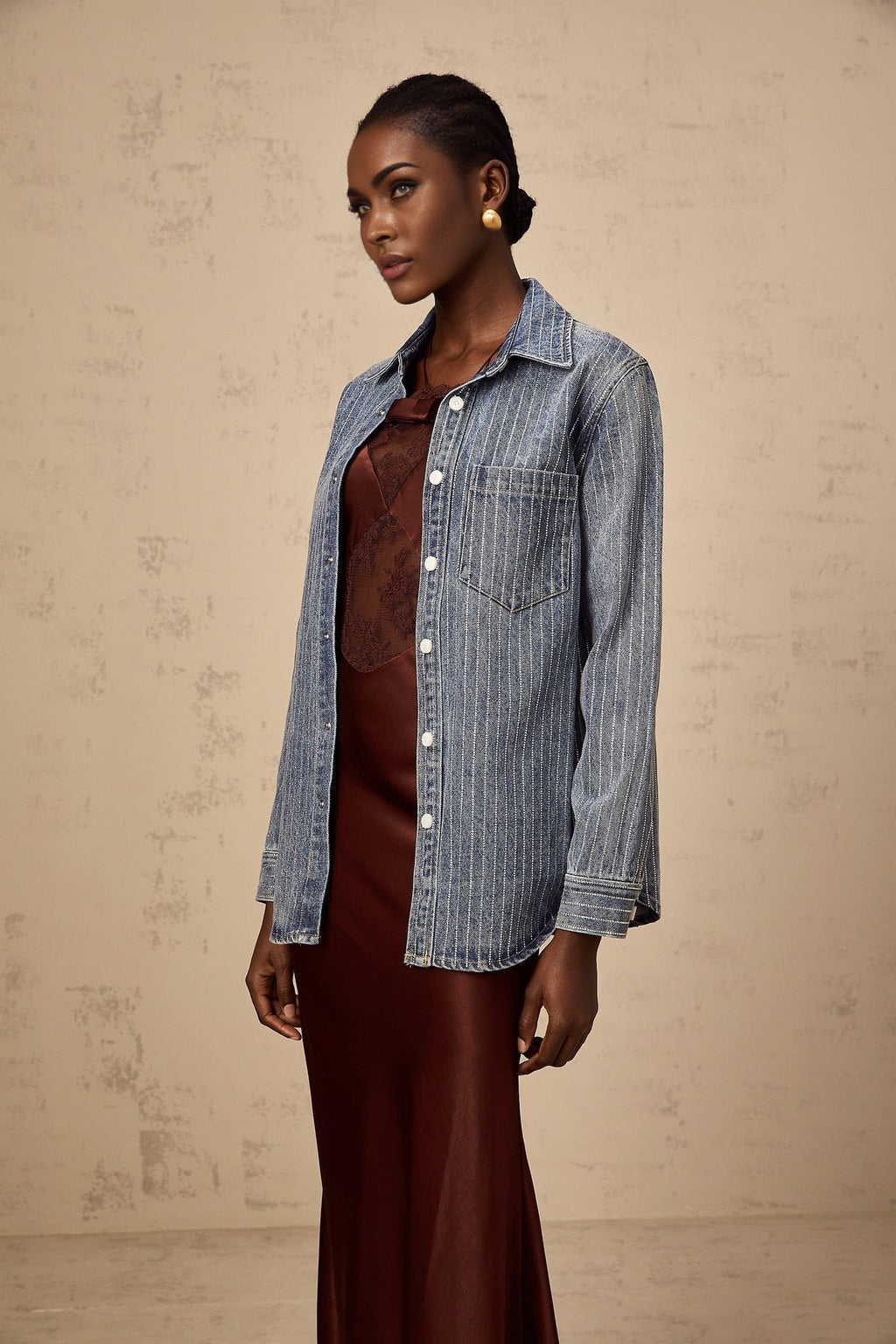 Valeria Denim Shirt Blue Rhinestone Striped Embellished