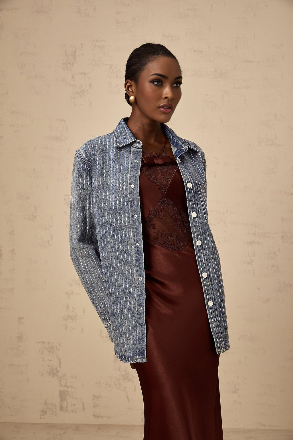 Valeria Denim Shirt Blue Rhinestone Striped Embellished