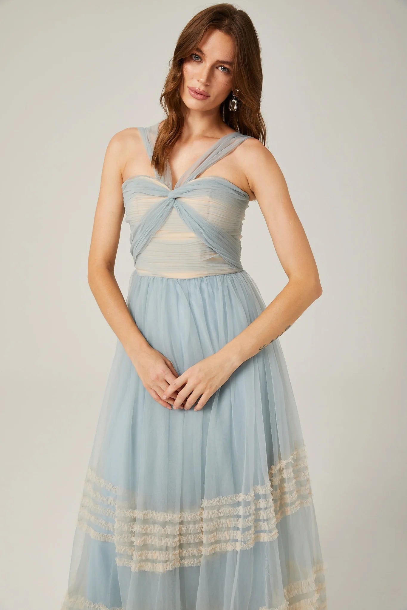Valeria Maxi Dress in Captivating Blue with Ruched Mesh Detail - Ruffled Pleats