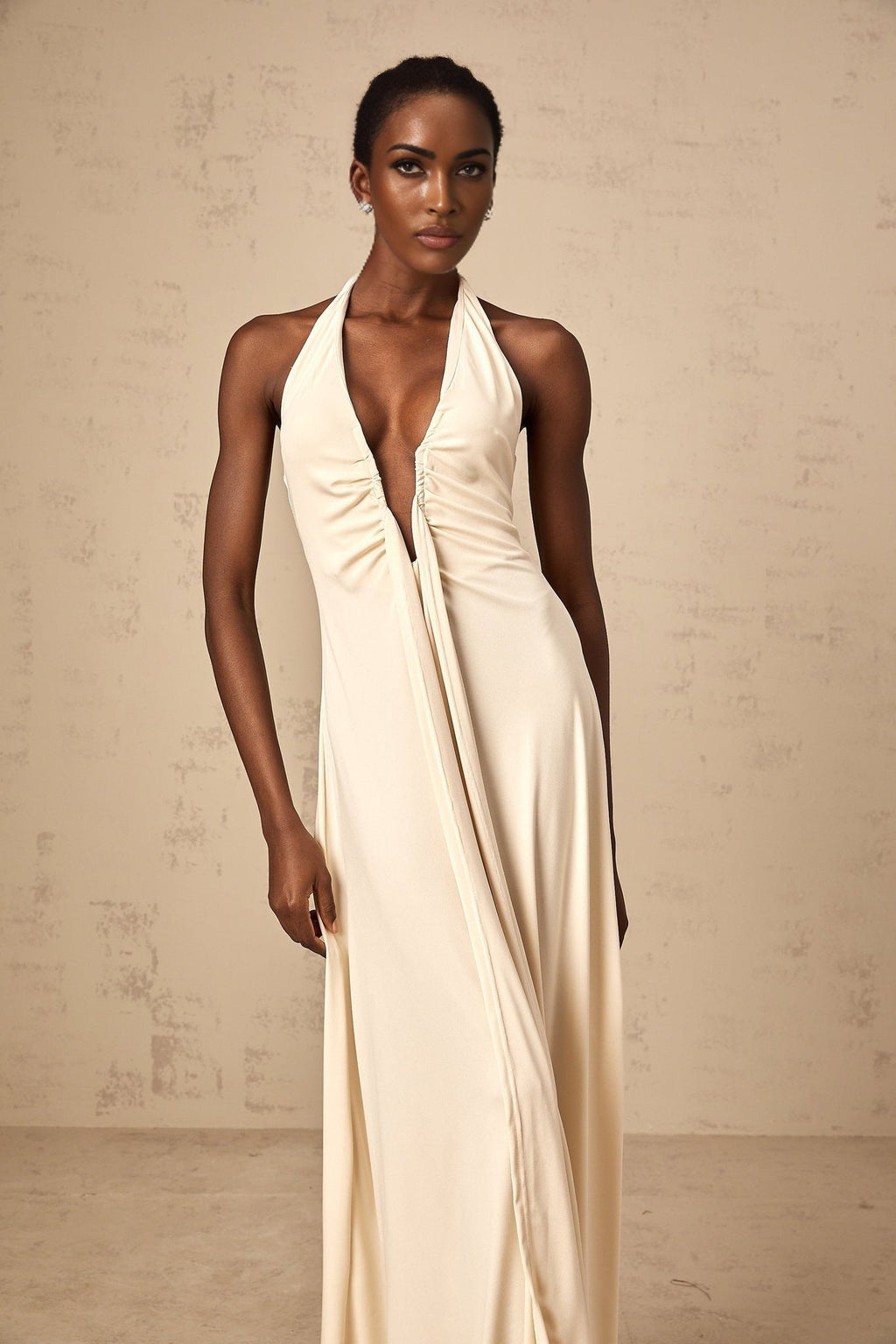 Valeria Maxi Dress - White Deep V - Neck with Draped Style - Halter Neck & Ribbon Details