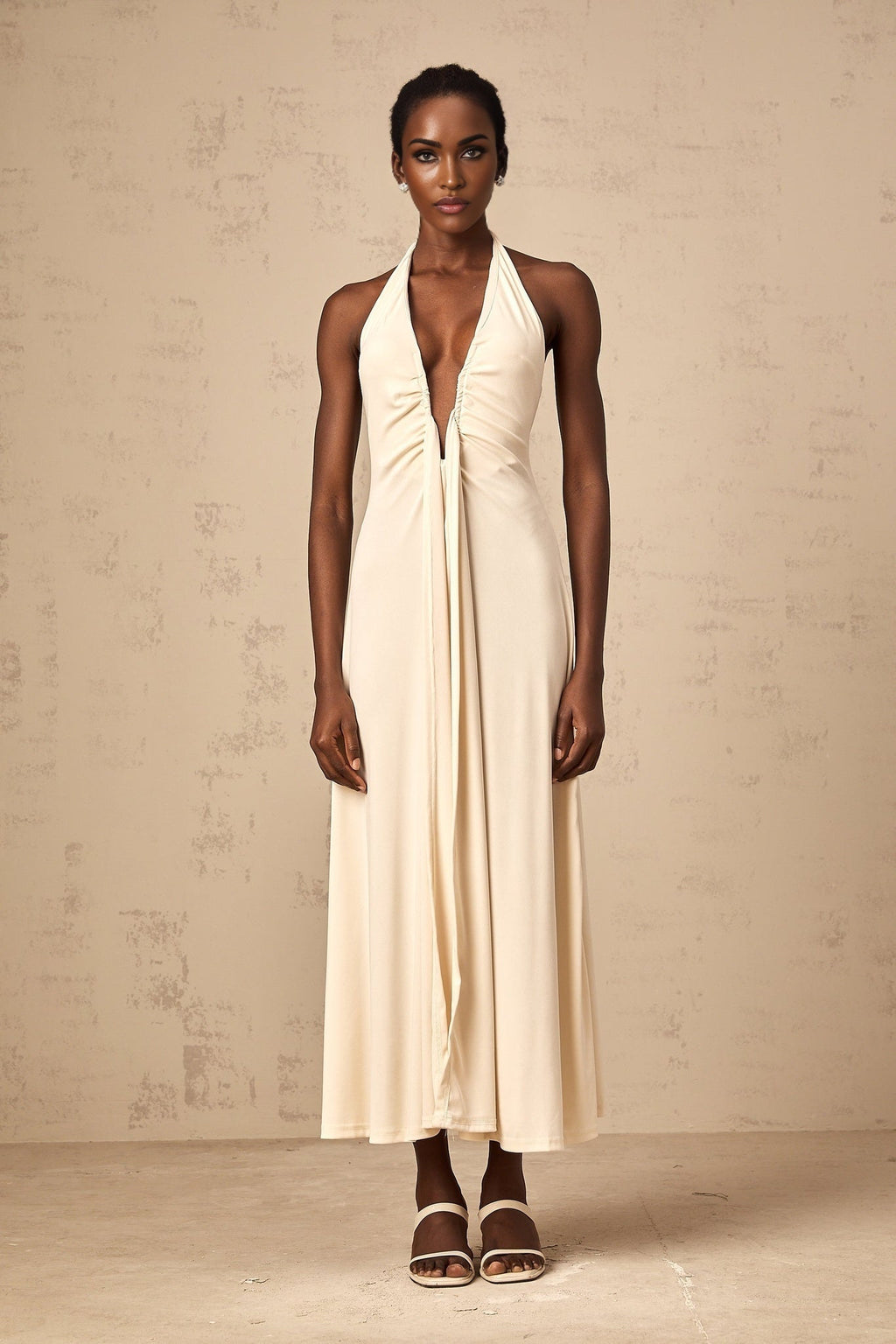 Valeria Maxi Dress - White Deep V - Neck with Draped Style - Halter Neck & Ribbon Details