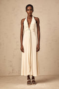 Valeria Maxi Dress - White Deep V - Neck with Draped Style - Halter Neck & Ribbon Details