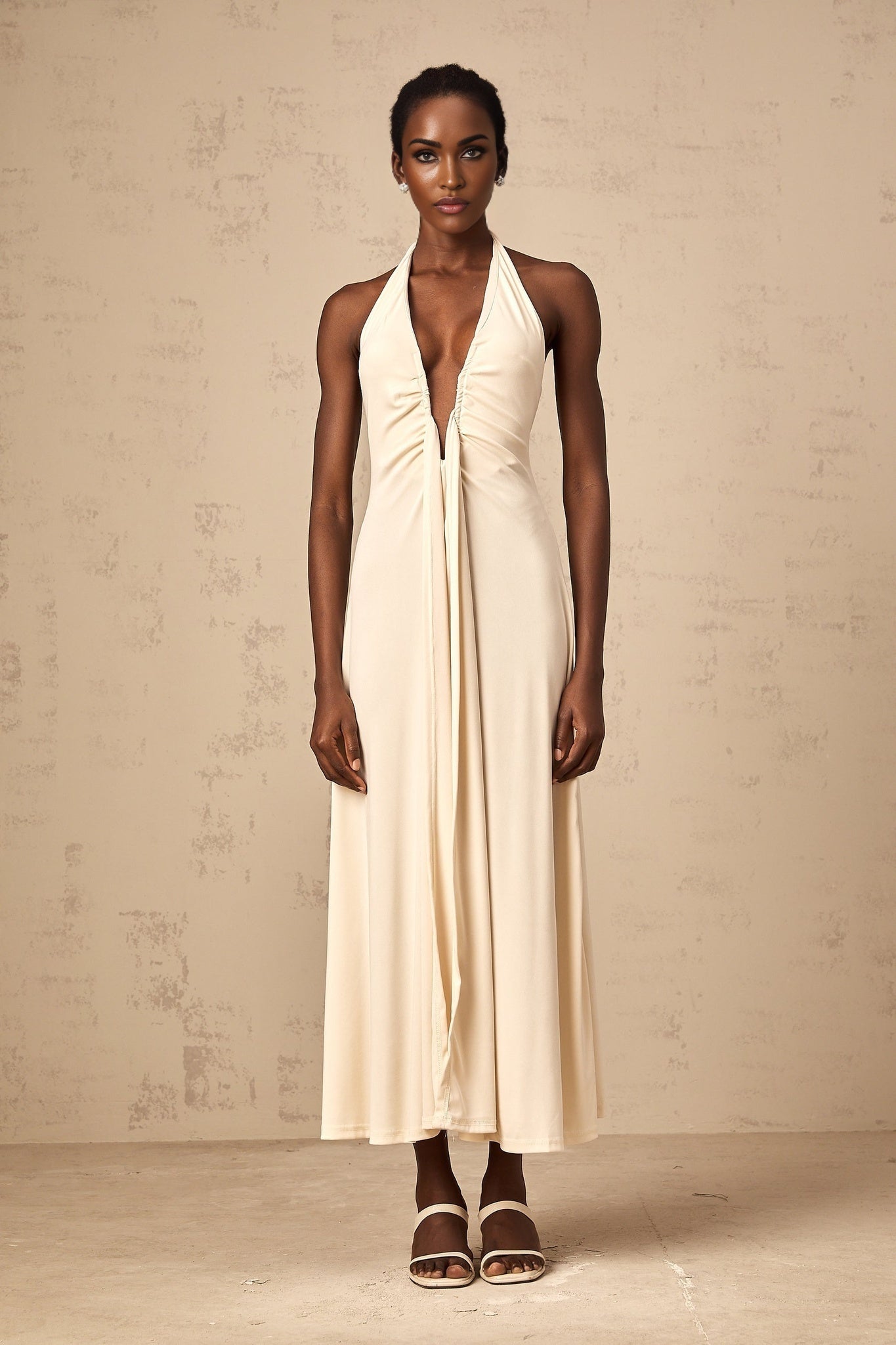 Valeria Maxi Dress - White Deep V - Neck with Draped Style - Halter Neck & Ribbon Details