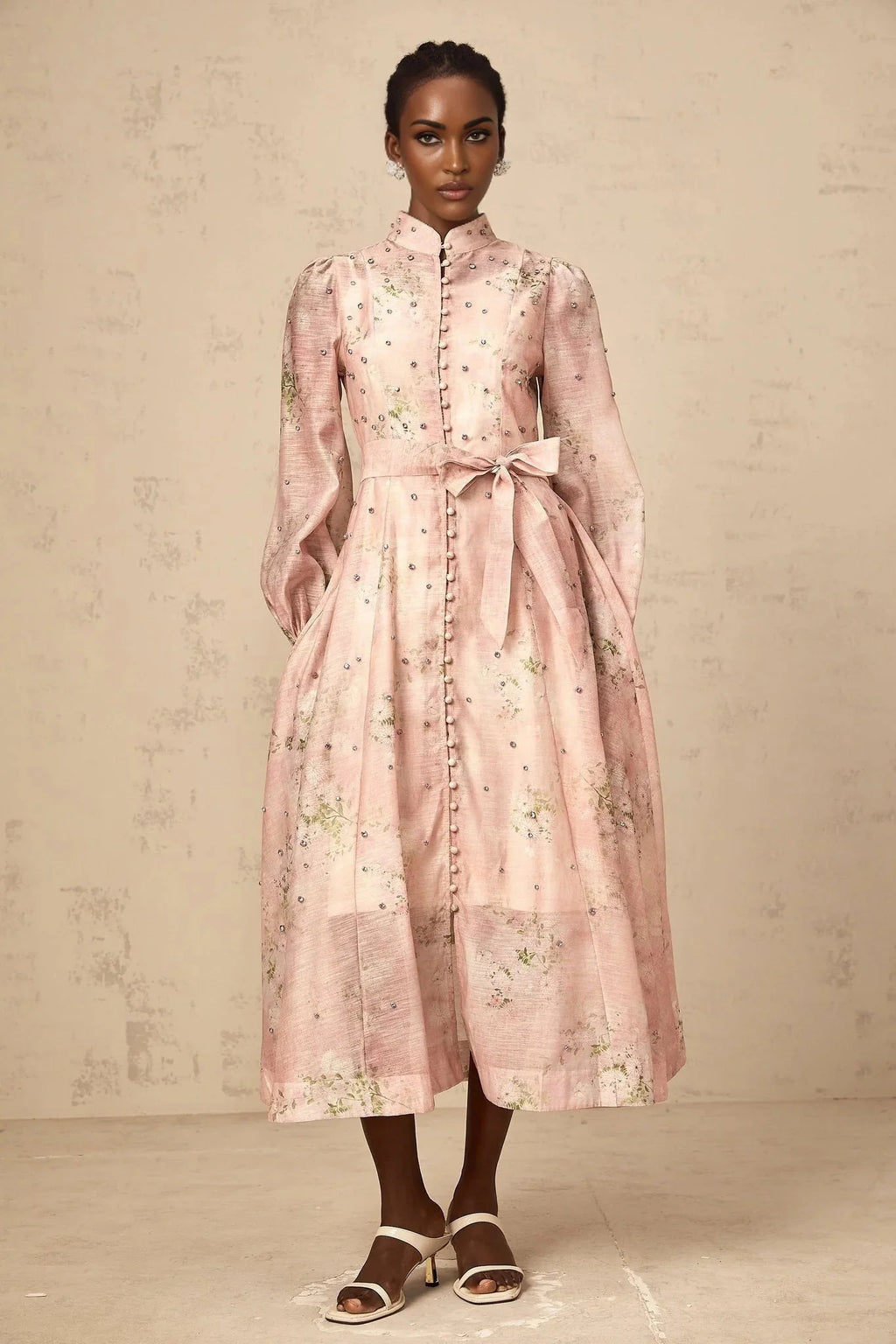 Valeria Midi Dress Floral Crystal Embellished Pink