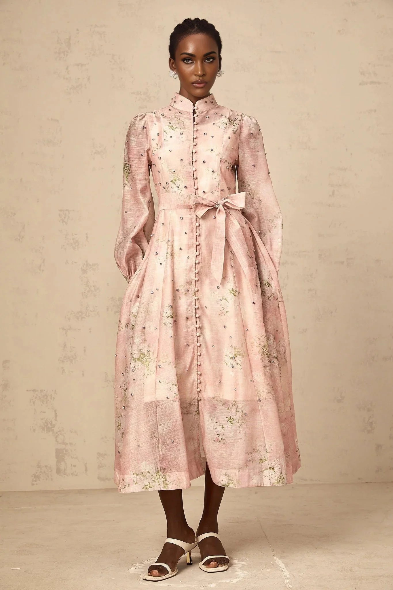 Valeria Midi Dress Floral Crystal Embellished Pink