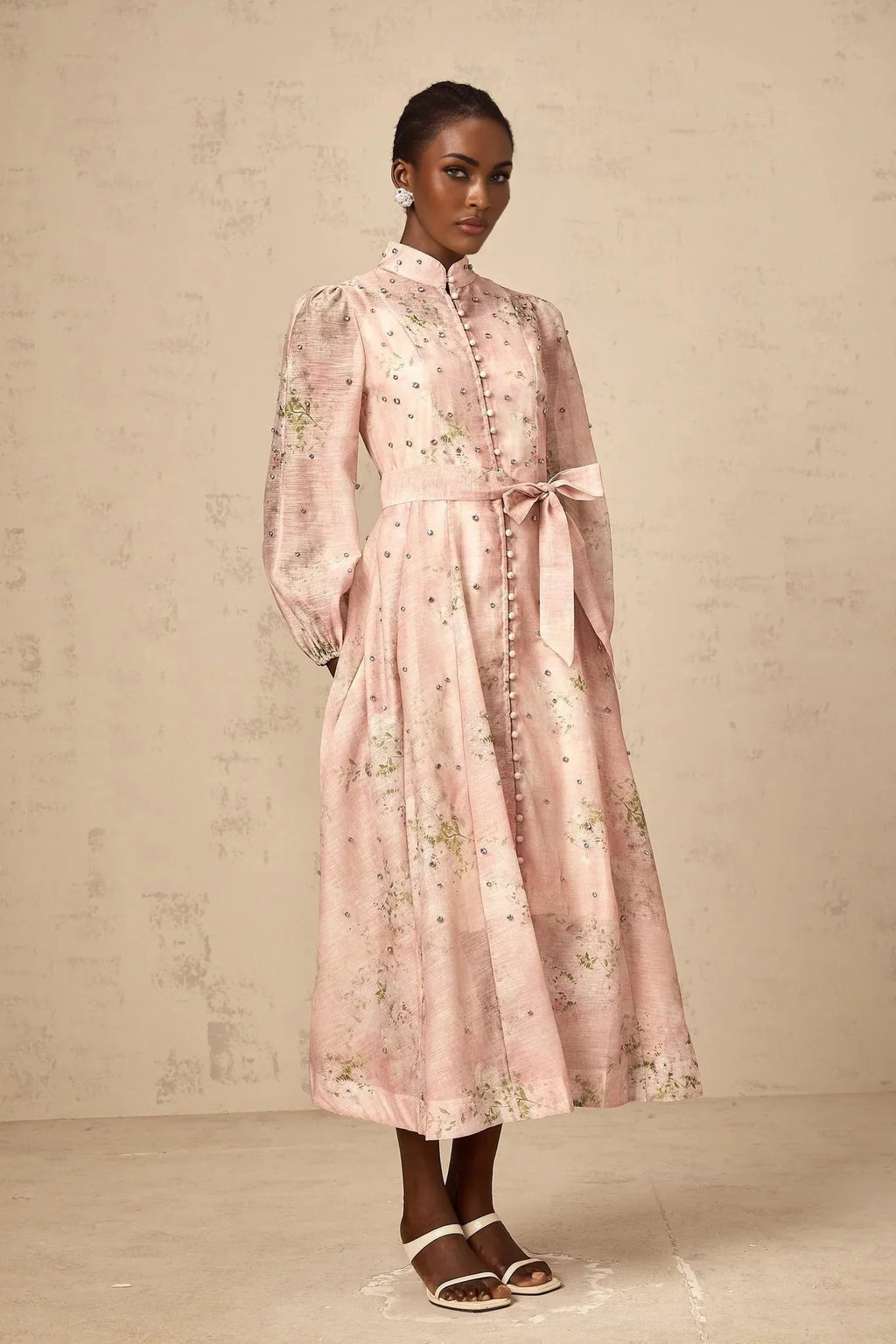 Valeria Midi Dress Floral Crystal Embellished Pink